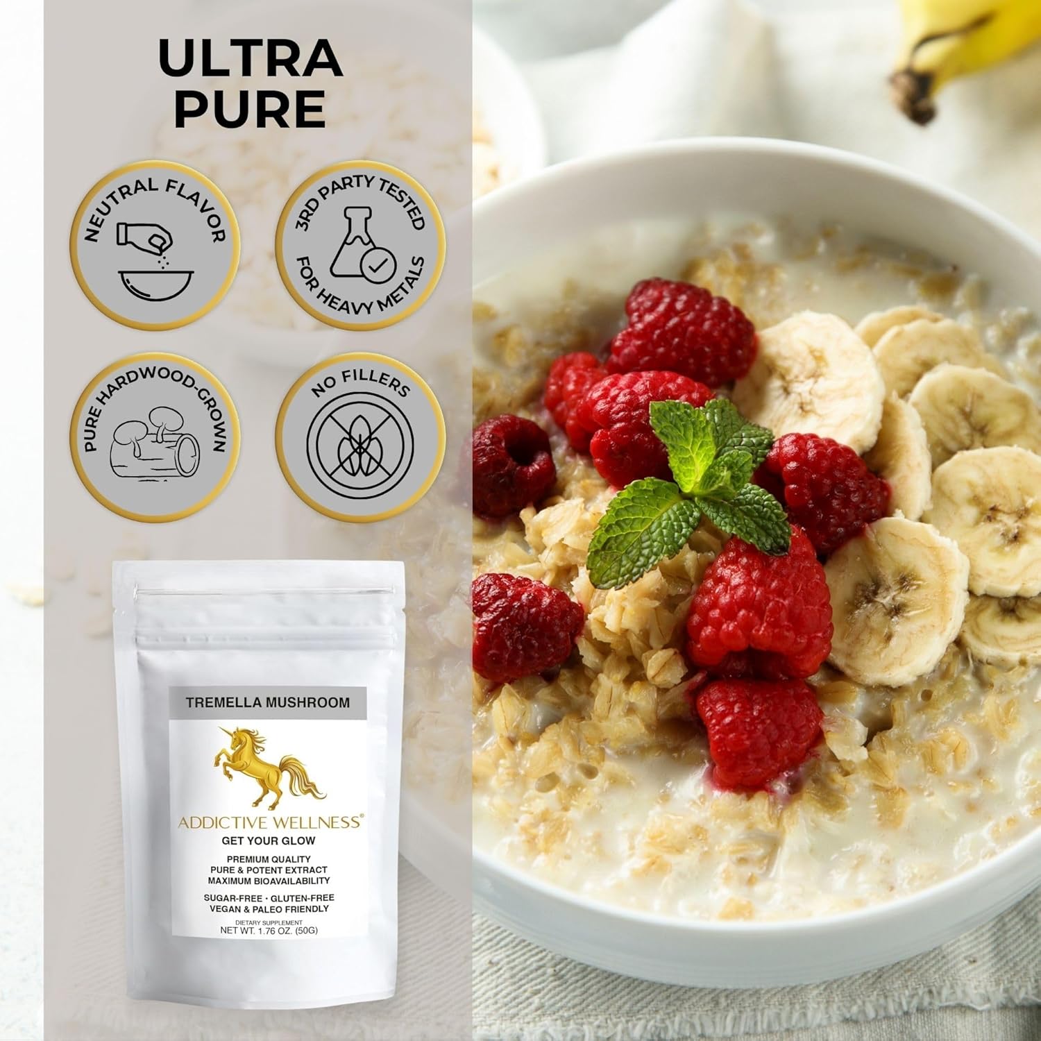 Pure & Potent Tremella Mushroom Extract Powder - 50 Grams by Addictive Wellness, Wood Grown