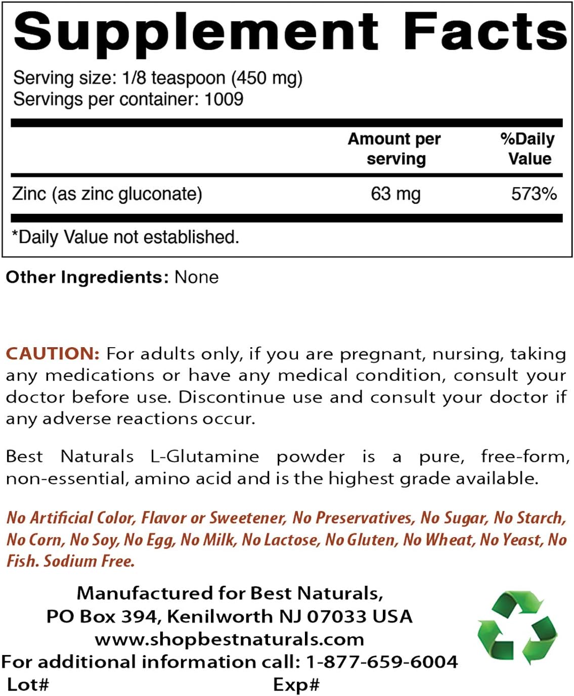 Pure Powder Zinc Gluconate - 1 Pound - Best Naturals
