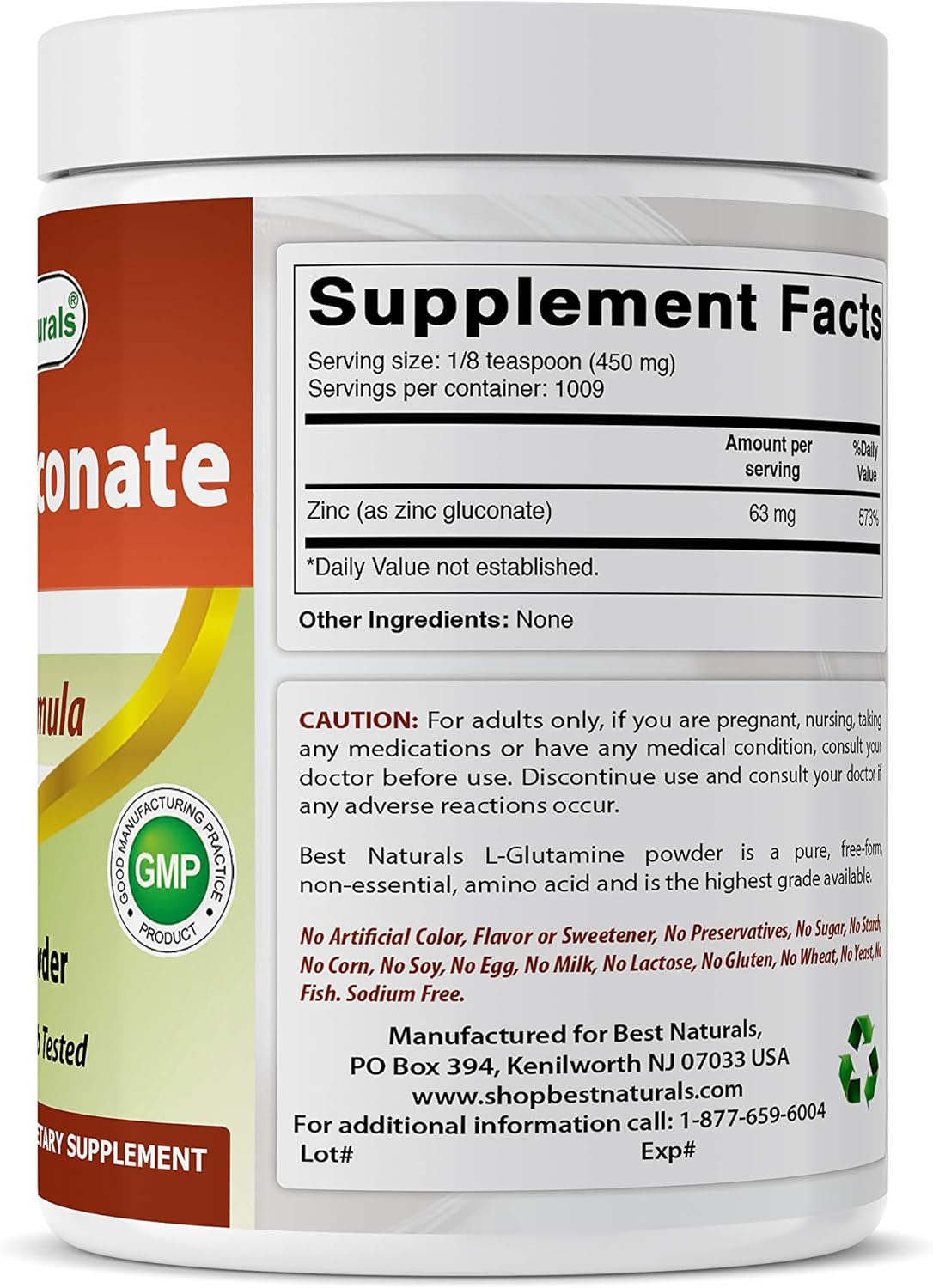 Pure Powder Zinc Gluconate - 1 Pound - Best Naturals