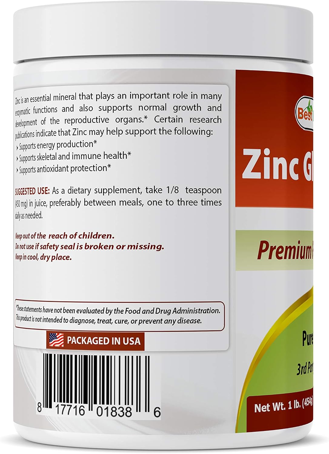 Pure Powder Zinc Gluconate - 1 Pound - Best Naturals