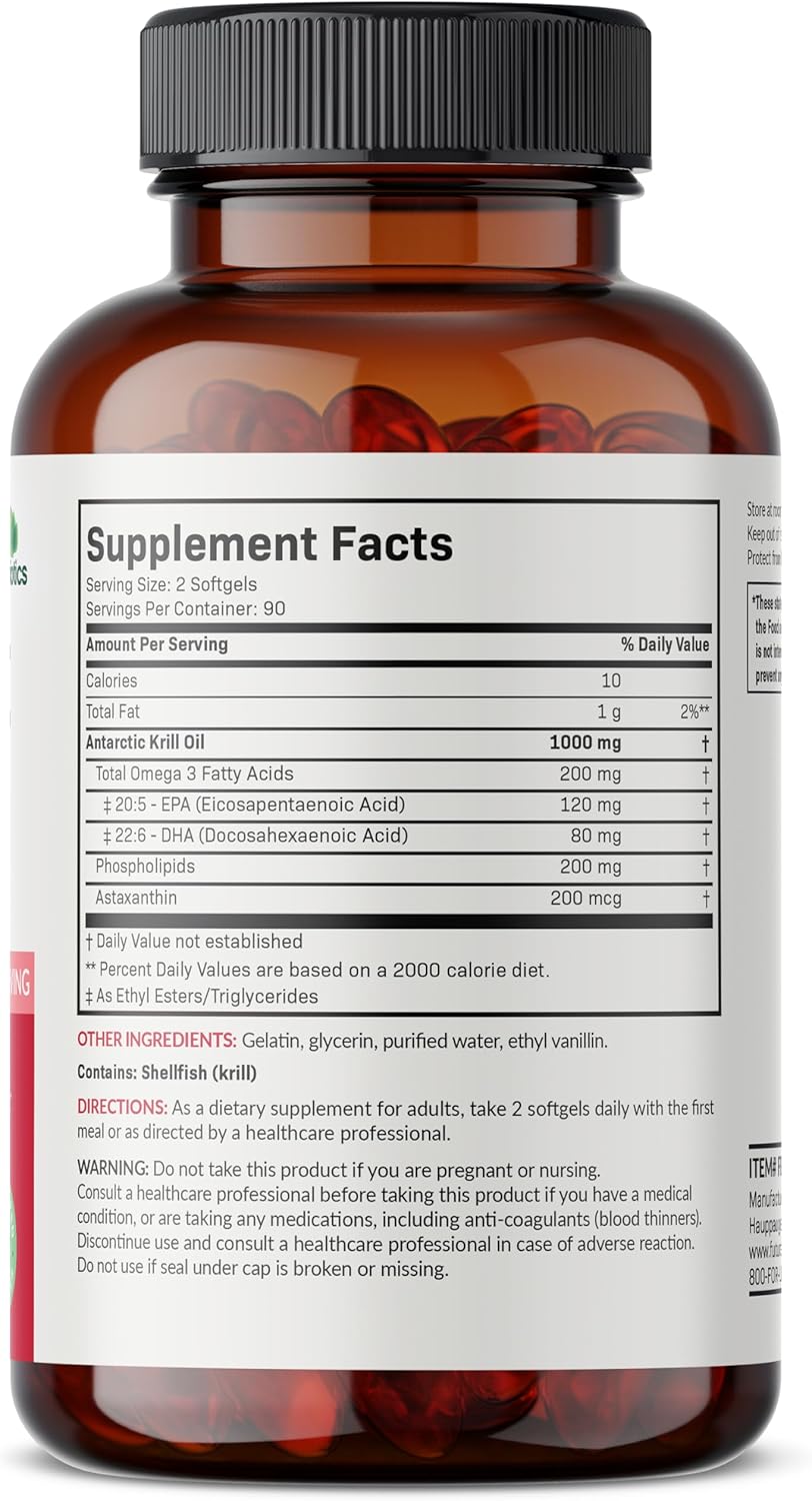 Pure Premium Antarctic Krill Oil 1000mg - High Omega-3 EPA, DHA, Astaxanthin - Heavy Metal Tested - Non GMO - 180 Softgels