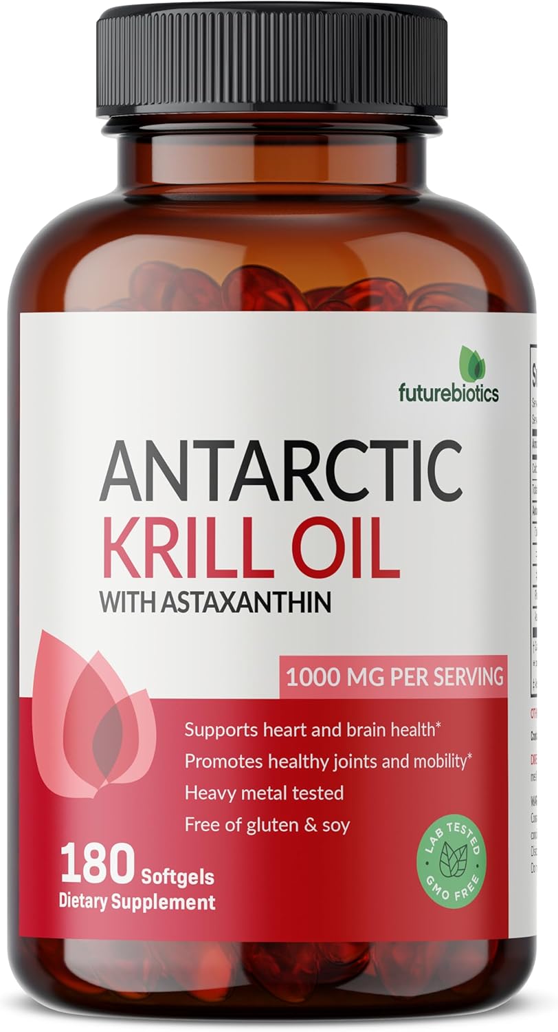 Pure Premium Antarctic Krill Oil 1000mg - High Omega-3 EPA, DHA, Astaxanthin - Heavy Metal Tested - Non GMO - 180 Softgels