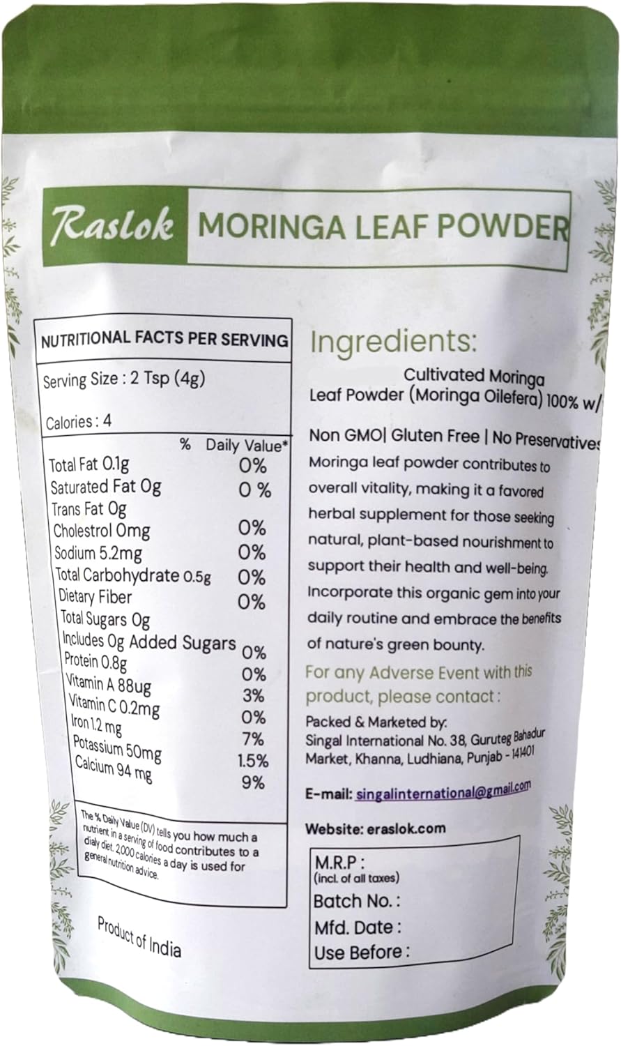 Pure Raslok Moringa Leaf Powder - 8 Oz - No Stems - Organic Moringa Olifera Powder