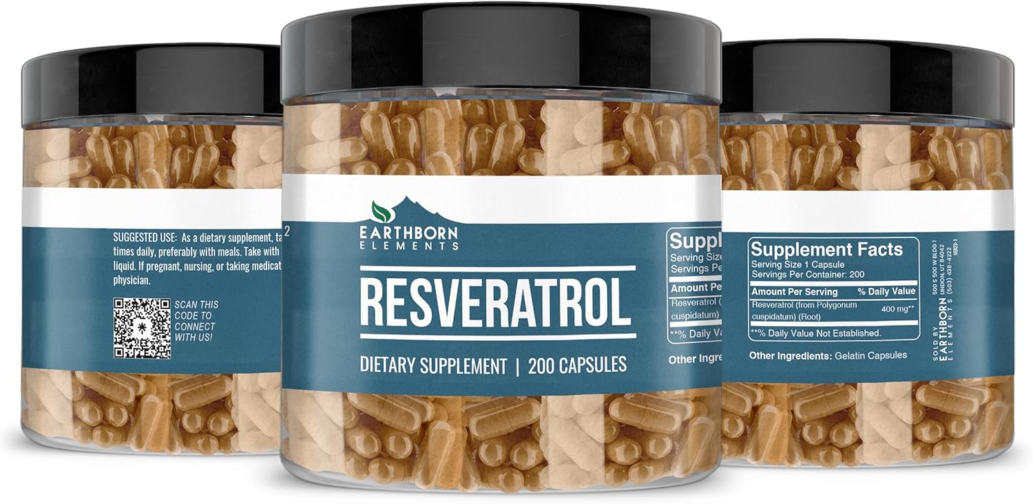 Pure Resveratrol 200 Capsules by Earthborn Elements - Additive-Free & Undiluted Formula