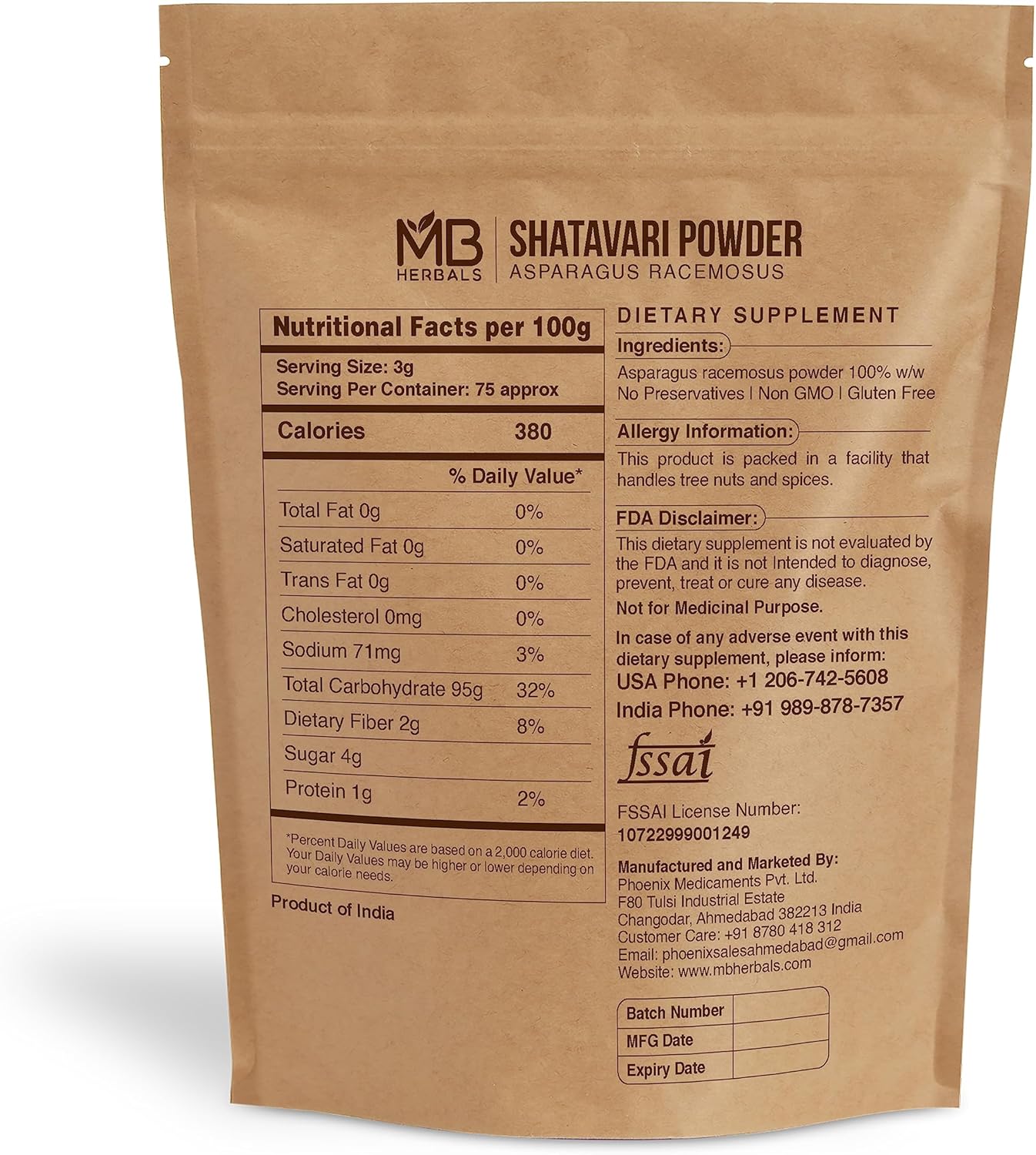 Pure Shatavari Powder 8 oz - 100% Pure Asparagus racemosus - 227g Pack Size