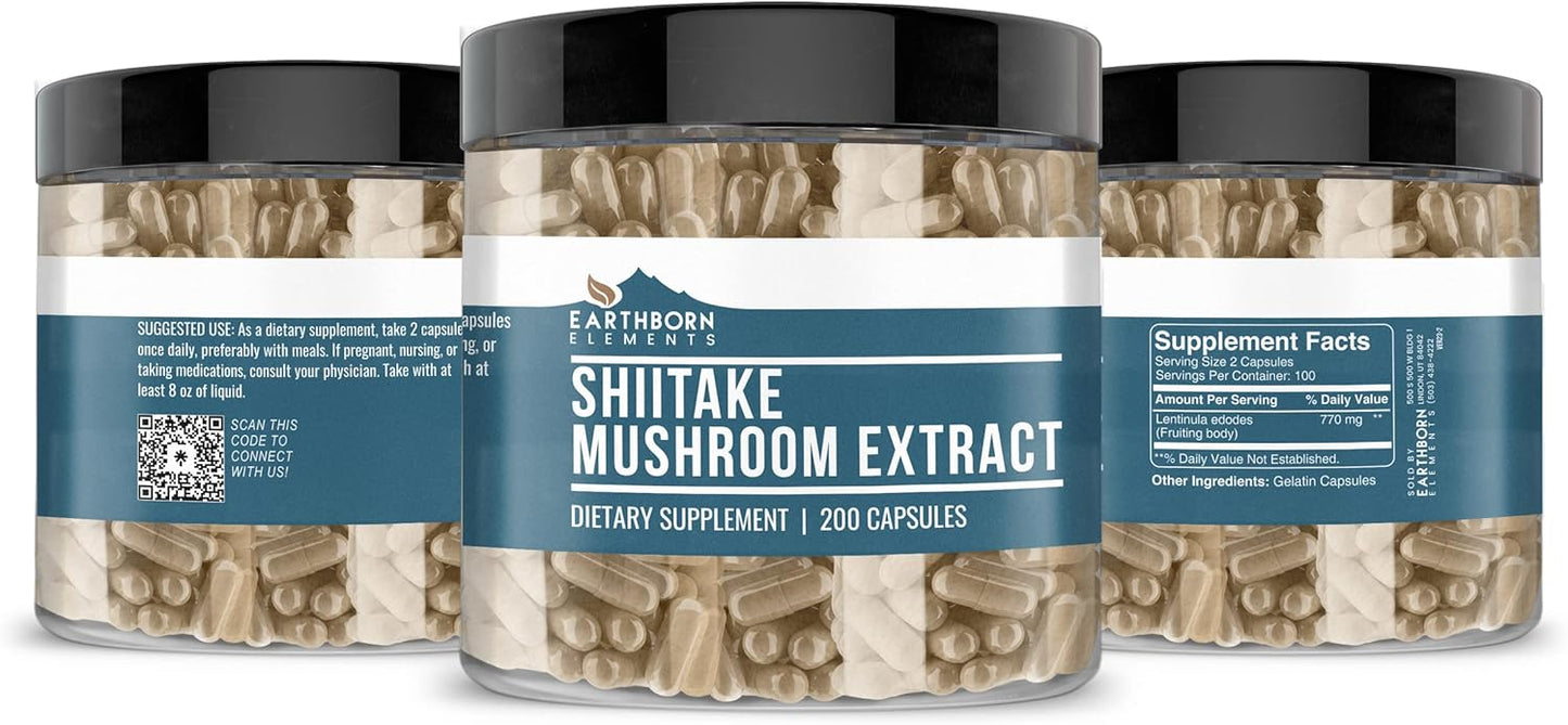 Pure Shiitake Mushroom Extract Capsules - 200 Count, Undiluted & Additive-Free by Earthborn Elements