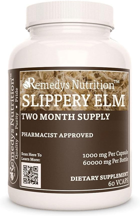 Pure Slippery Elm Bark Capsules 1000mg - 60 Vegan Pills, Herbal Remedy for Digestive Health - Non-GMO, Gluten-Free, Dairy-Free