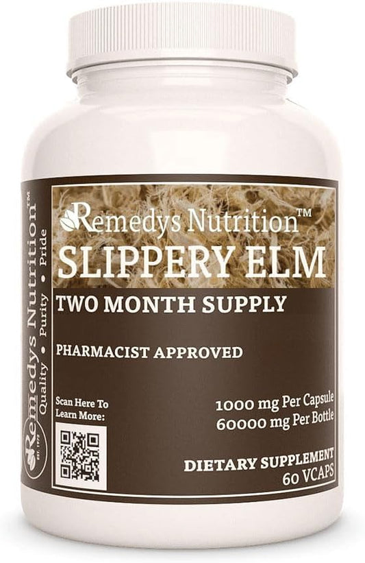 Pure Slippery Elm Bark Capsules 1000mg - 60 Vegan Pills, Herbal Remedy for Digestive Health - Non-GMO, Gluten-Free, Dairy-Free