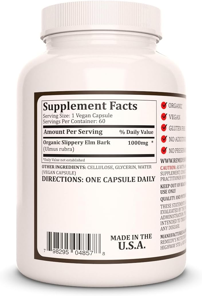 Pure Slippery Elm Bark Capsules 1000mg - 60 Vegan Pills, Herbal Remedy for Digestive Health - Non-GMO, Gluten-Free, Dairy-Free