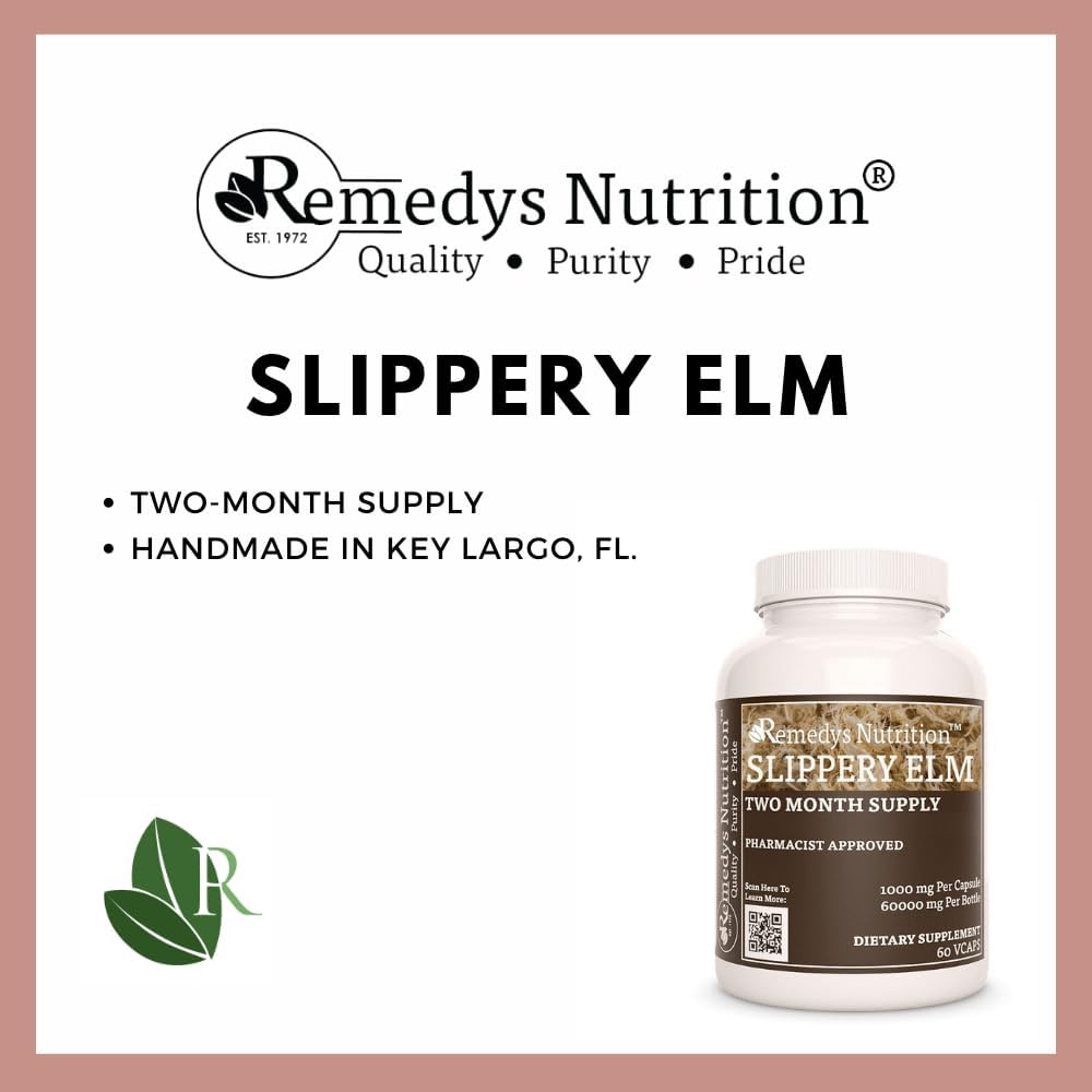 Pure Slippery Elm Bark Capsules 1000mg - 60 Vegan Pills, Herbal Remedy for Digestive Health - Non-GMO, Gluten-Free, Dairy-Free