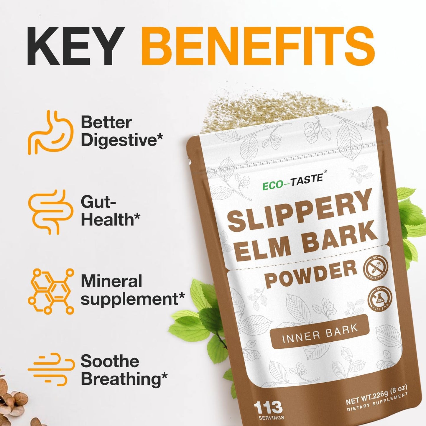 Pure Slippery Elm Powder for Gut Health - 2000mg per Serving - 226g - Vegan Friendly