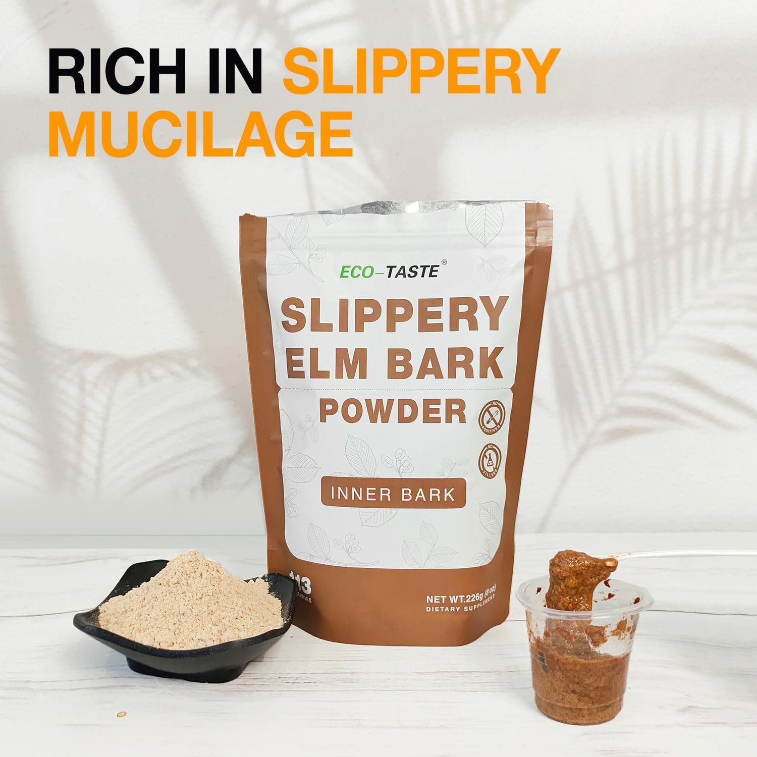 Pure Slippery Elm Powder for Gut Health - 2000mg per Serving - 226g - Vegan Friendly