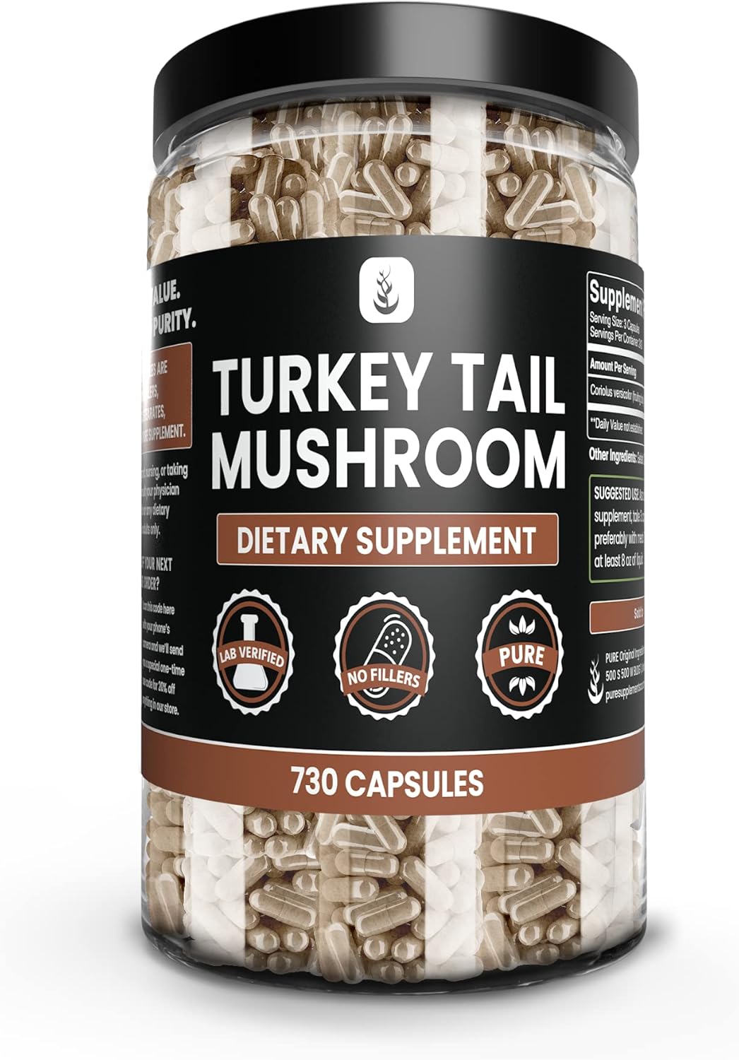 Pure Turkey Tail Mushroom Capsules - 730 Count, No Magnesium or Rice Fillers, Lab Verified, Always Pure