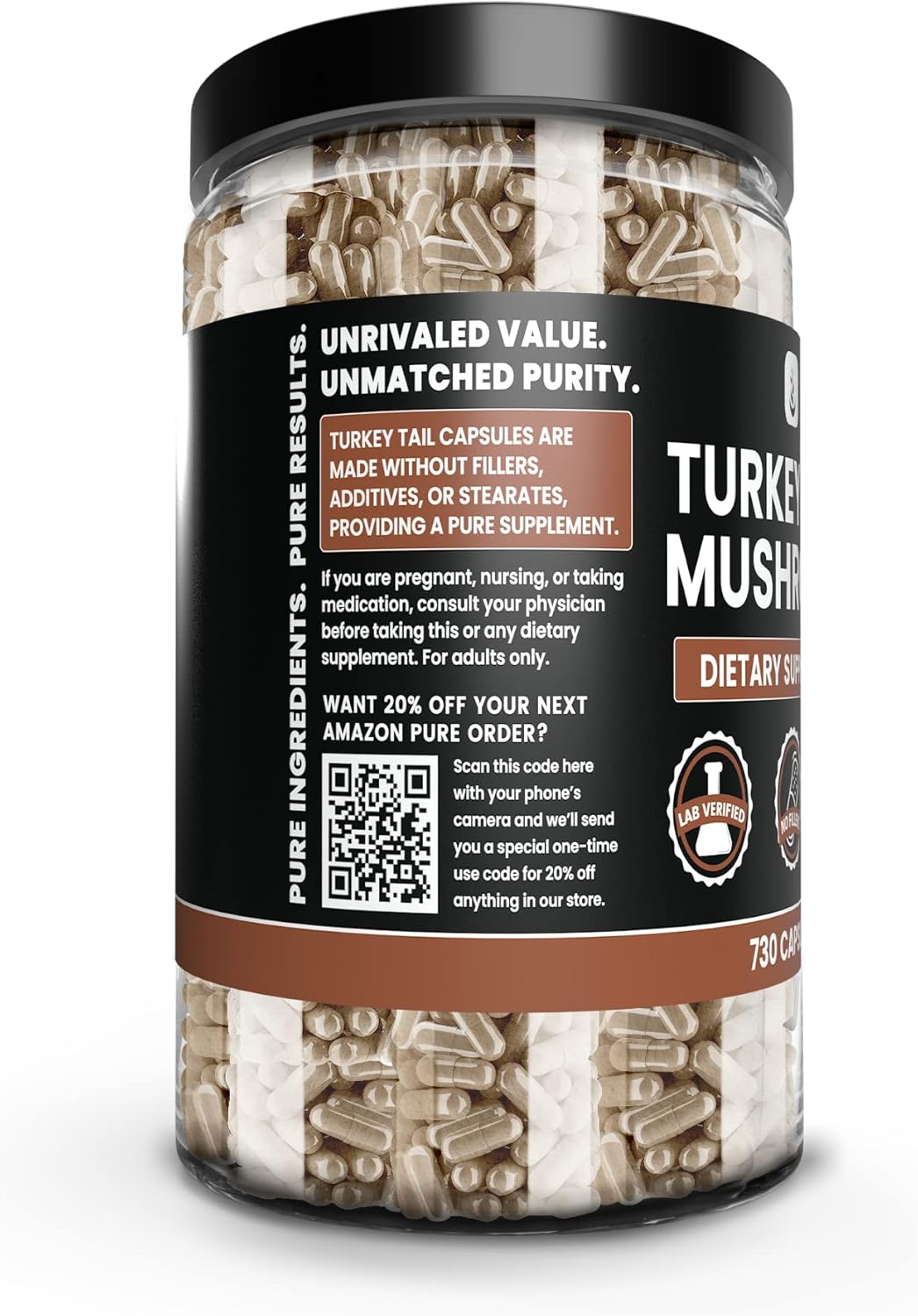 Pure Turkey Tail Mushroom Capsules - 730 Count, No Magnesium or Rice Fillers, Lab Verified, Always Pure