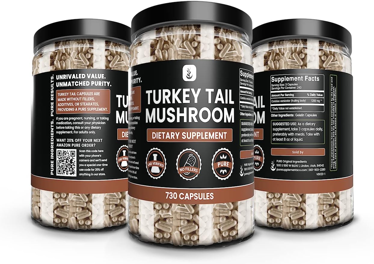 Pure Turkey Tail Mushroom Capsules - 730 Count, No Magnesium or Rice Fillers, Lab Verified, Always Pure