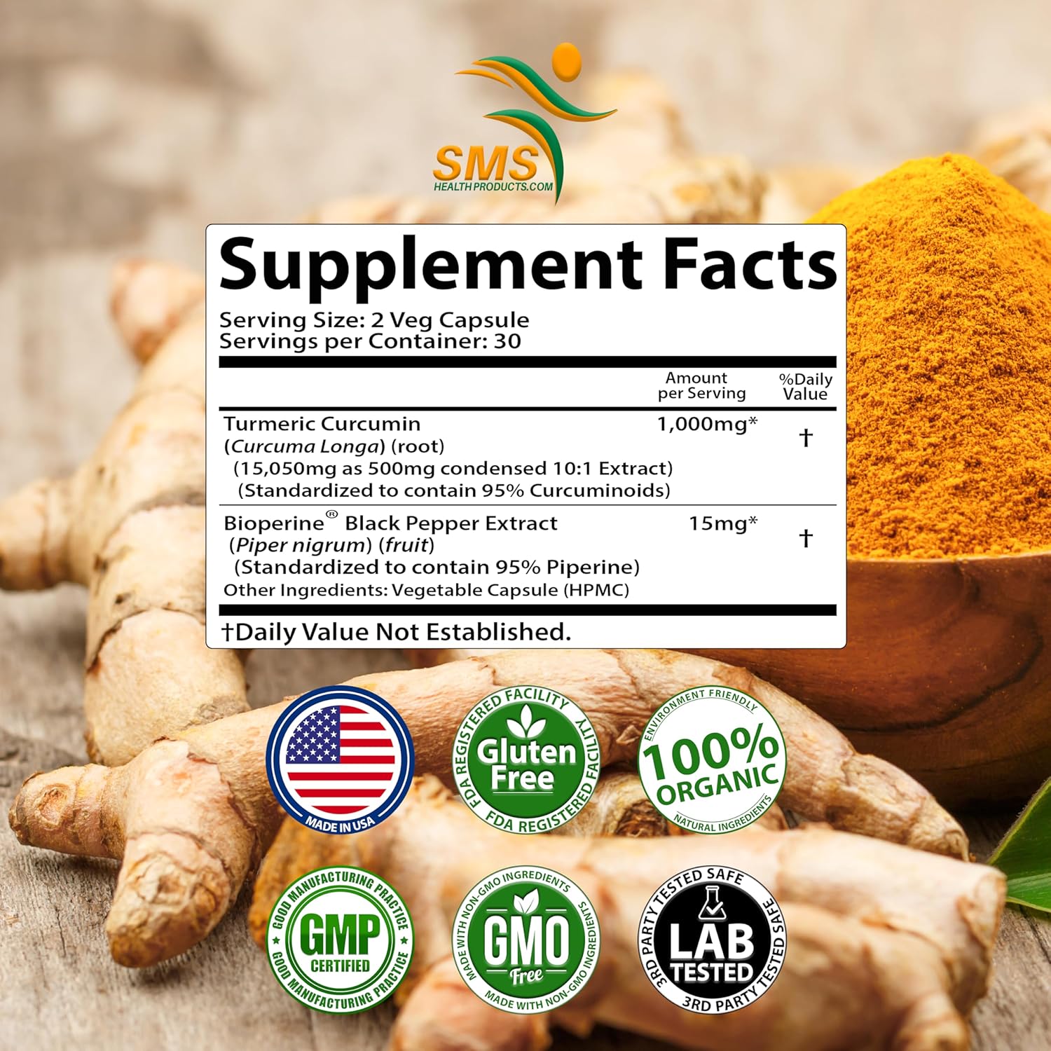 Pure Turmeric Curcumin 1000mg with 95% Curcuminoids & Black Pepper Extract - Non GMO, Gluten Free - 60 Veg Capsules for Increased Absorption