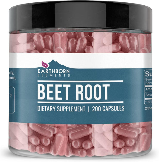 Pure & Undiluted Beet Root Capsules - 200 Count, No Additives - Earthborn Elements