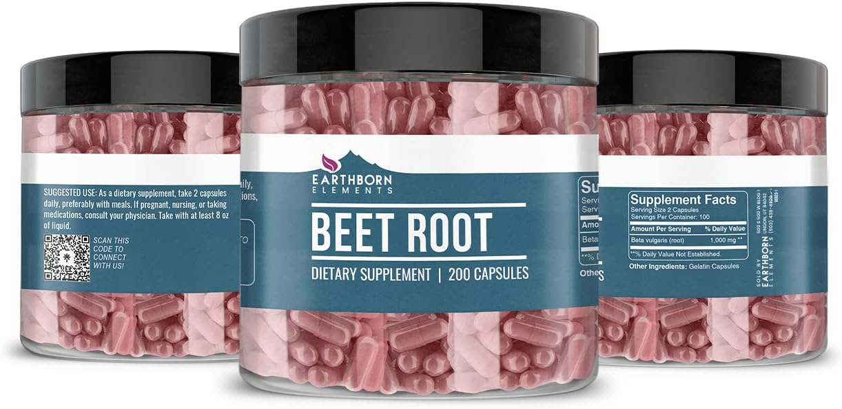 Pure & Undiluted Beet Root Capsules - 200 Count, No Additives - Earthborn Elements