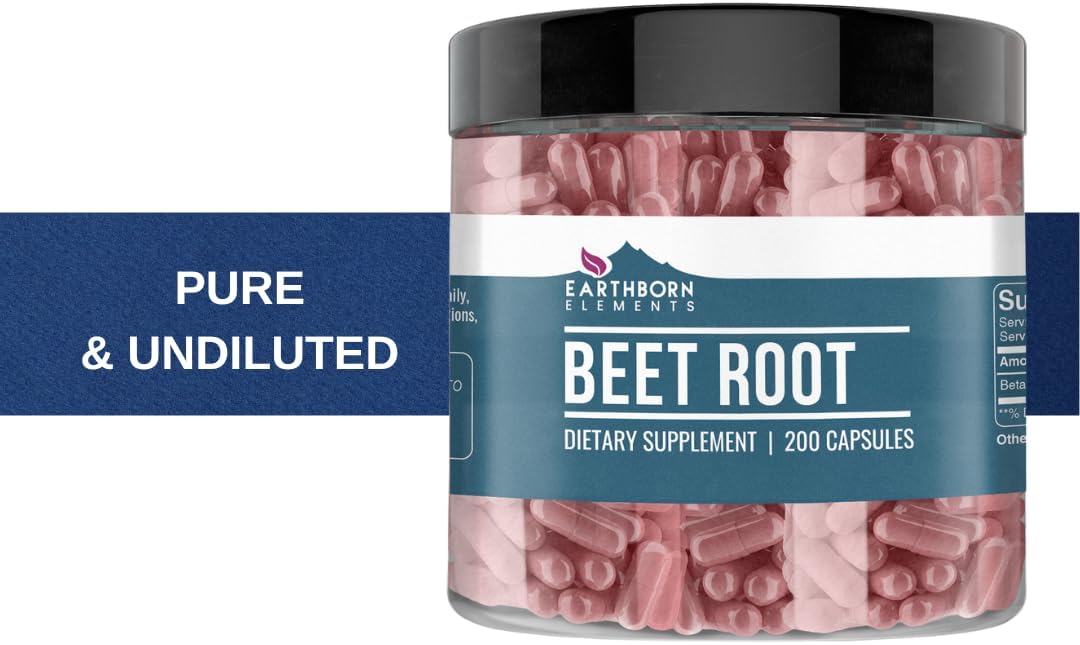 Pure & Undiluted Beet Root Capsules - 200 Count, No Additives - Earthborn Elements