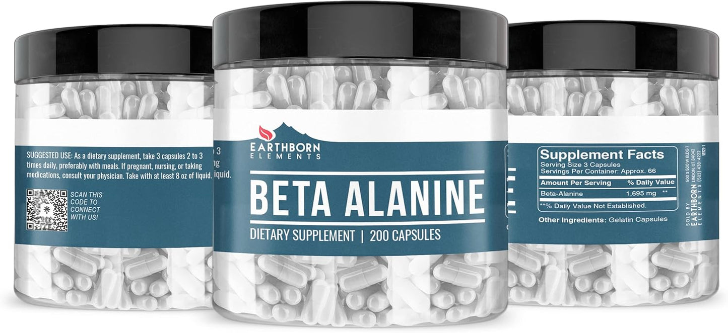 Pure & Undiluted Beta-Alanine Capsules by Earthborn Elements - 200 Count, Additive-Free