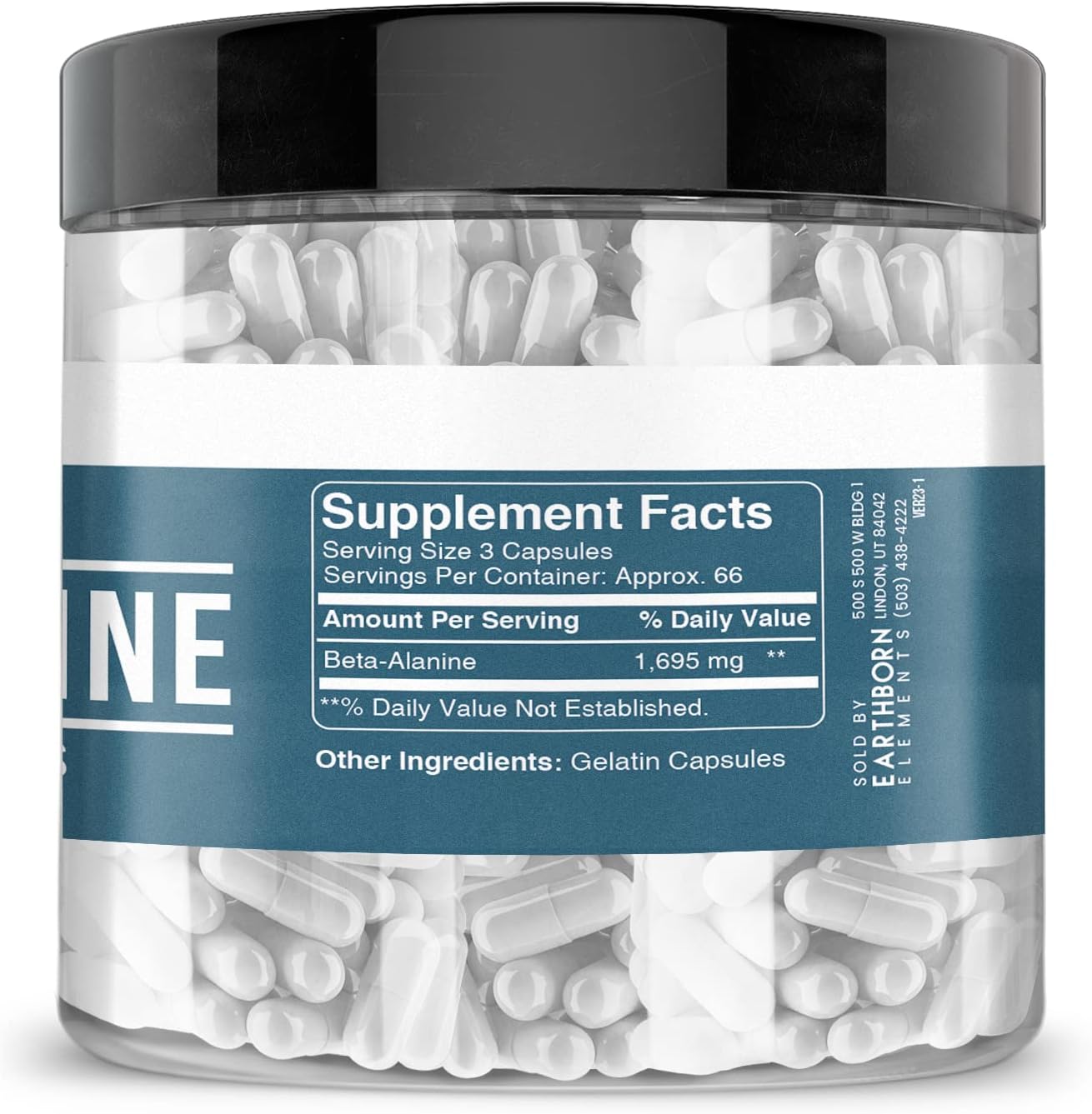 Pure & Undiluted Beta-Alanine Capsules by Earthborn Elements - 200 Count, Additive-Free