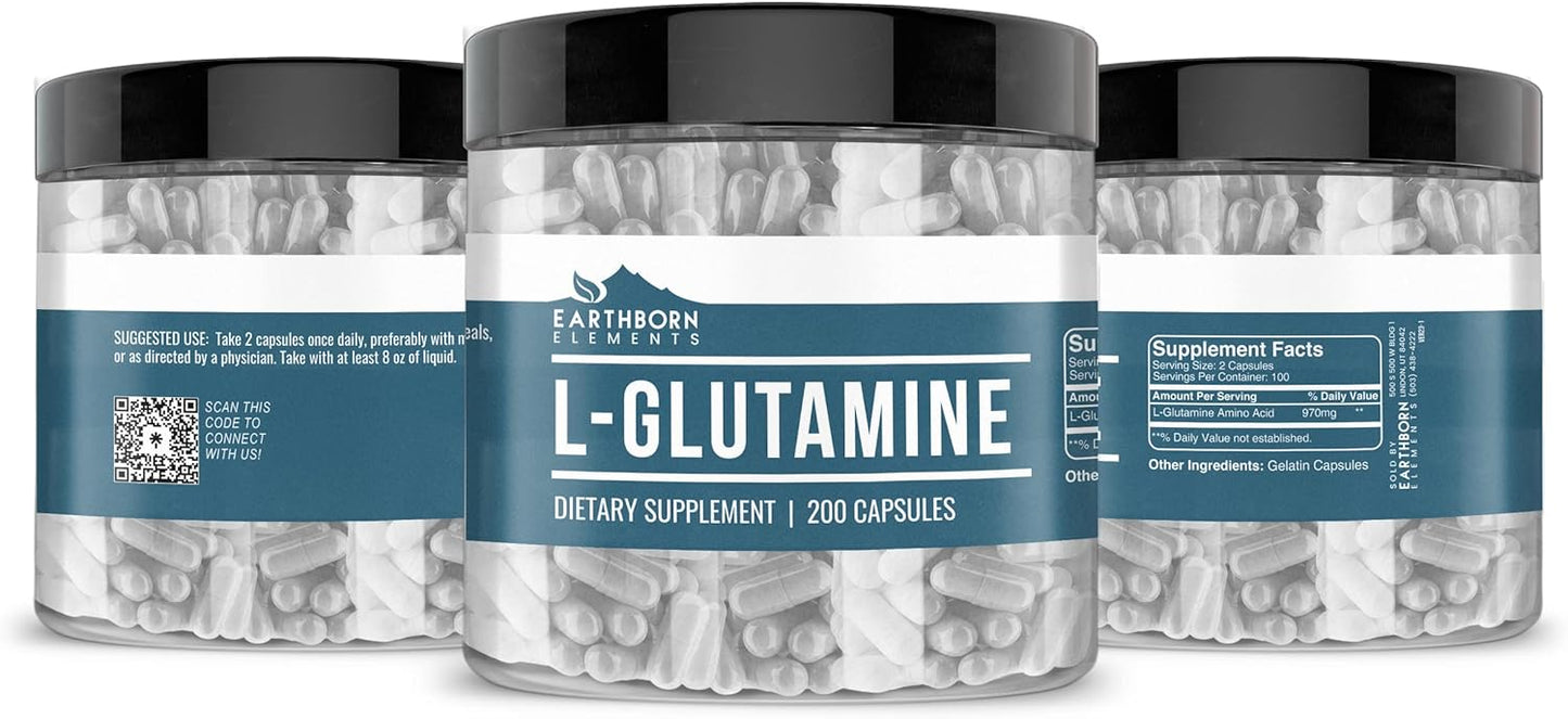 Pure & Undiluted L-Glutamine Capsules - 200 Count by Earthborn Elements, Additive-Free