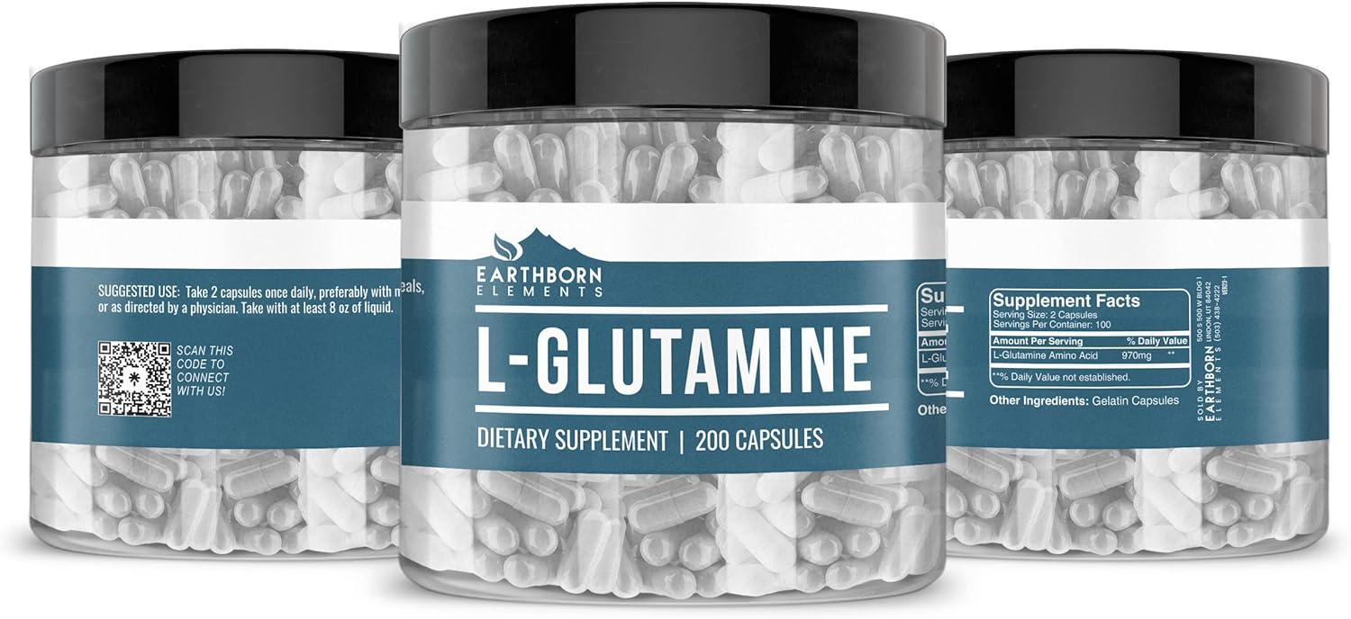 Pure & Undiluted L-Glutamine Capsules - 200 Count by Earthborn Elements, Additive-Free