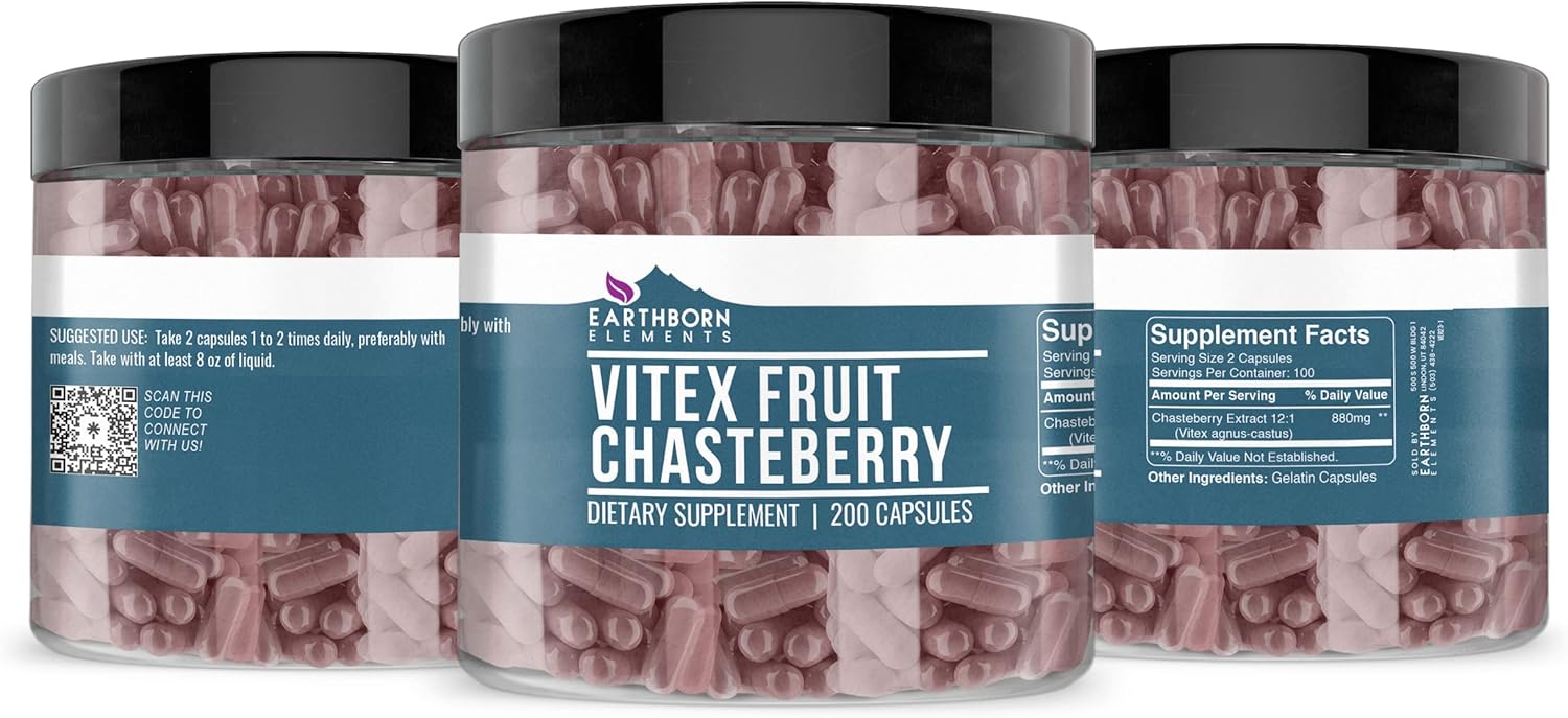 Pure & Undiluted Vitex (Chasteberry) 200 Capsules by Earthborn Elements - Additive-Free