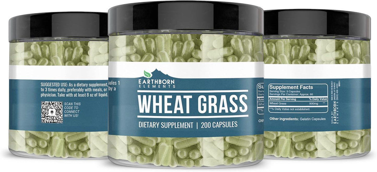 Pure & Undiluted Wheat Grass Capsules - 200 Count by Earthborn Elements, Additive-Free