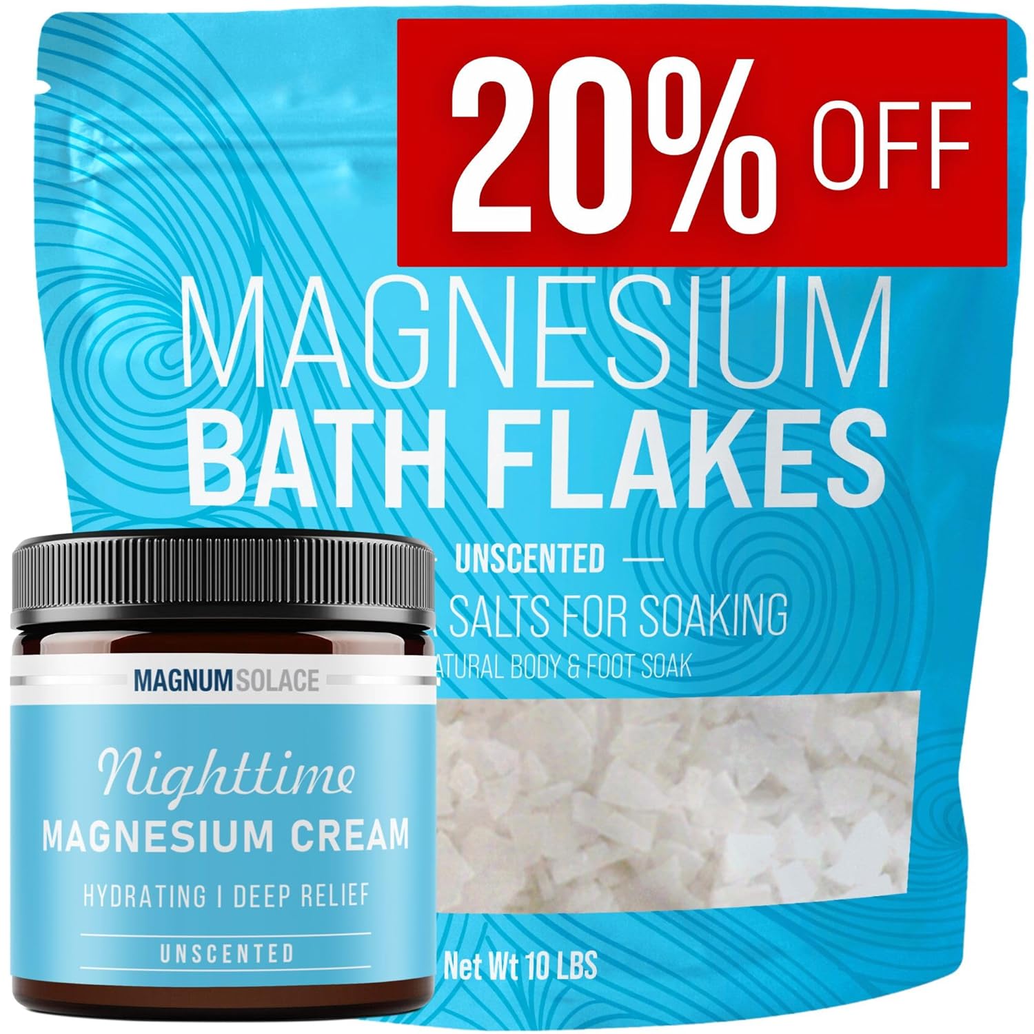 Pure Unscented Magnum Solace Magnesium Bath Flakes and Cream - Relaxing Magnesium Supplement for Body Relief