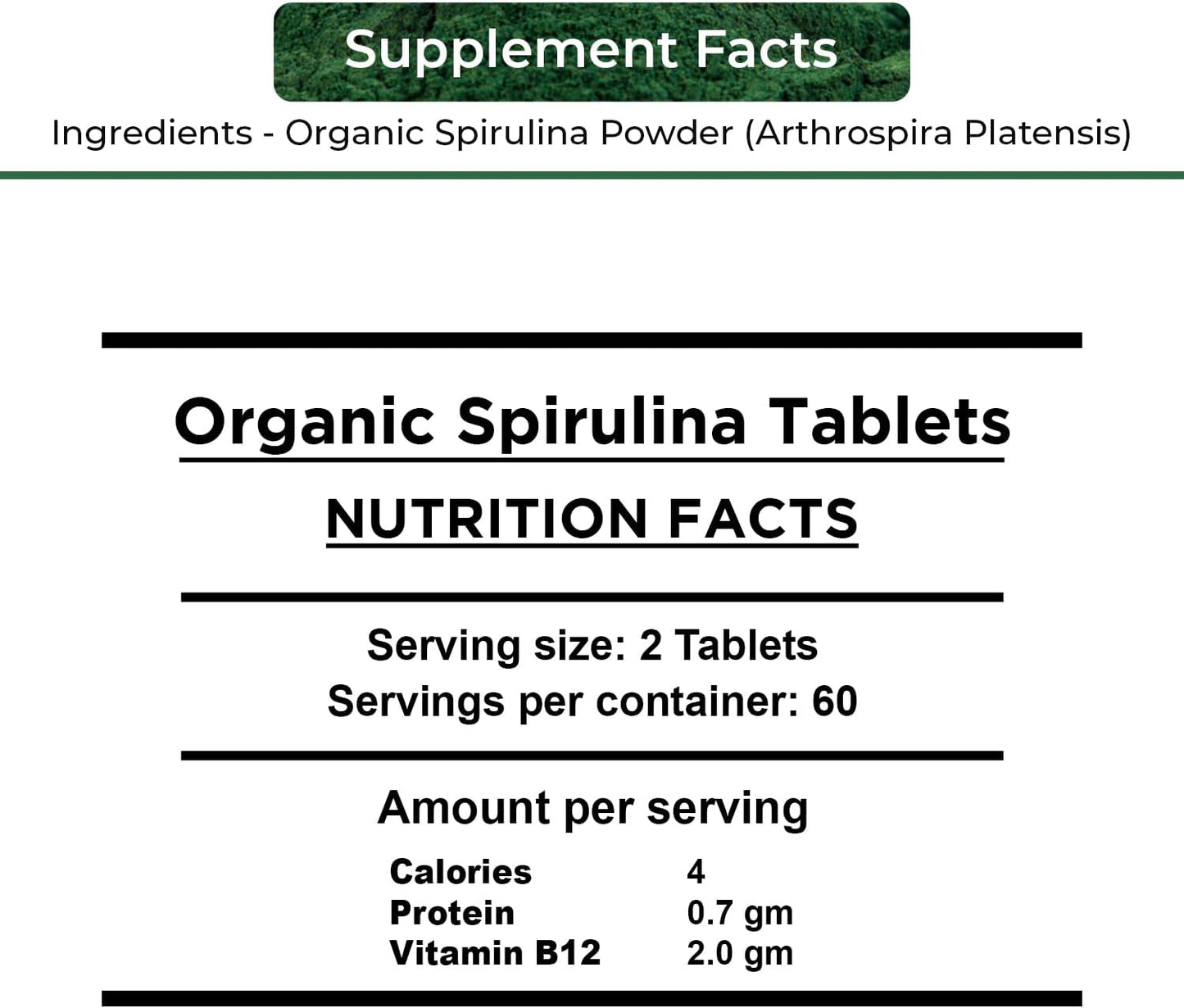 Pure Vegan Organic Spirulina Tablets - Non-GMO, Gluten-Free, Chemical-Free - Nutrient-Rich Superfood Supplement