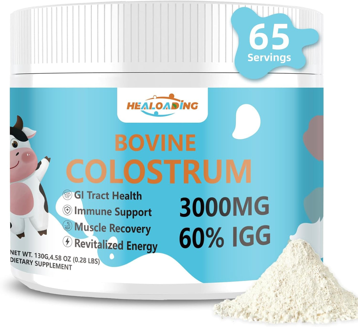 Pure Whole Bovine Colostrum Supplement Powder for Gut Health, Immune Support, Muscle Recovery, Skin & Wellness - 60% IgG - 3000 mg