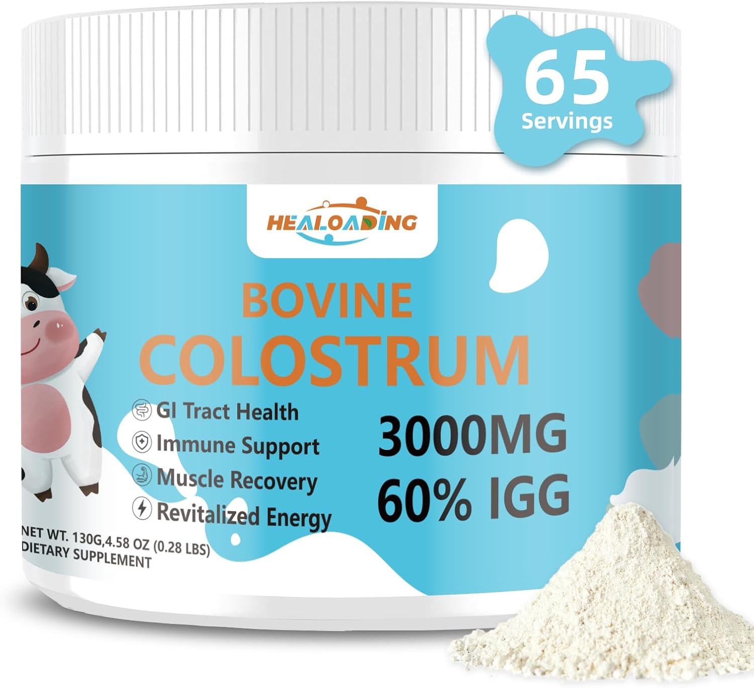 Pure Whole Bovine Colostrum Supplement Powder for Gut Health, Immune Support, Muscle Recovery, Skin & Wellness - 60% IgG - 3000 mg