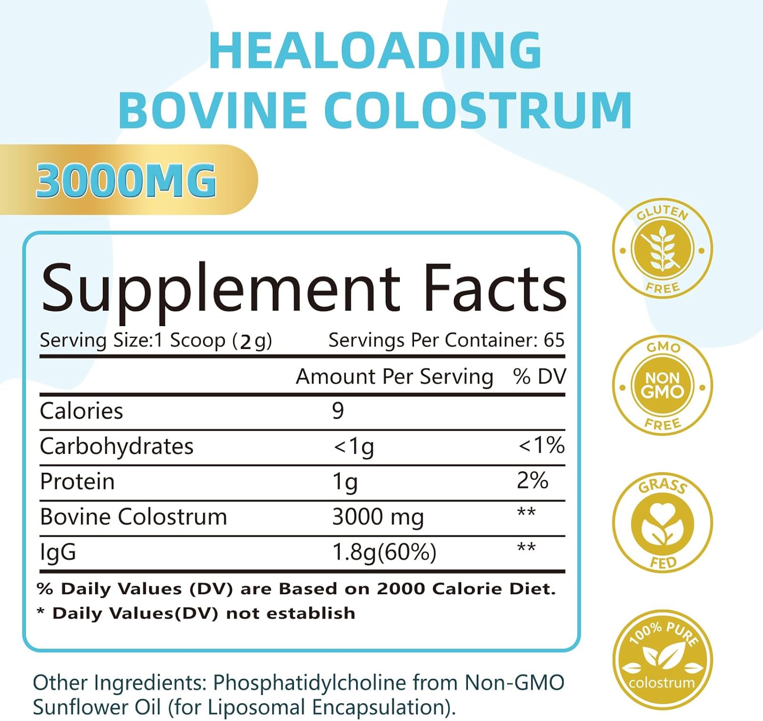 Pure Whole Bovine Colostrum Supplement Powder for Gut Health, Immune Support, Muscle Recovery, Skin & Wellness - 60% IgG - 3000 mg