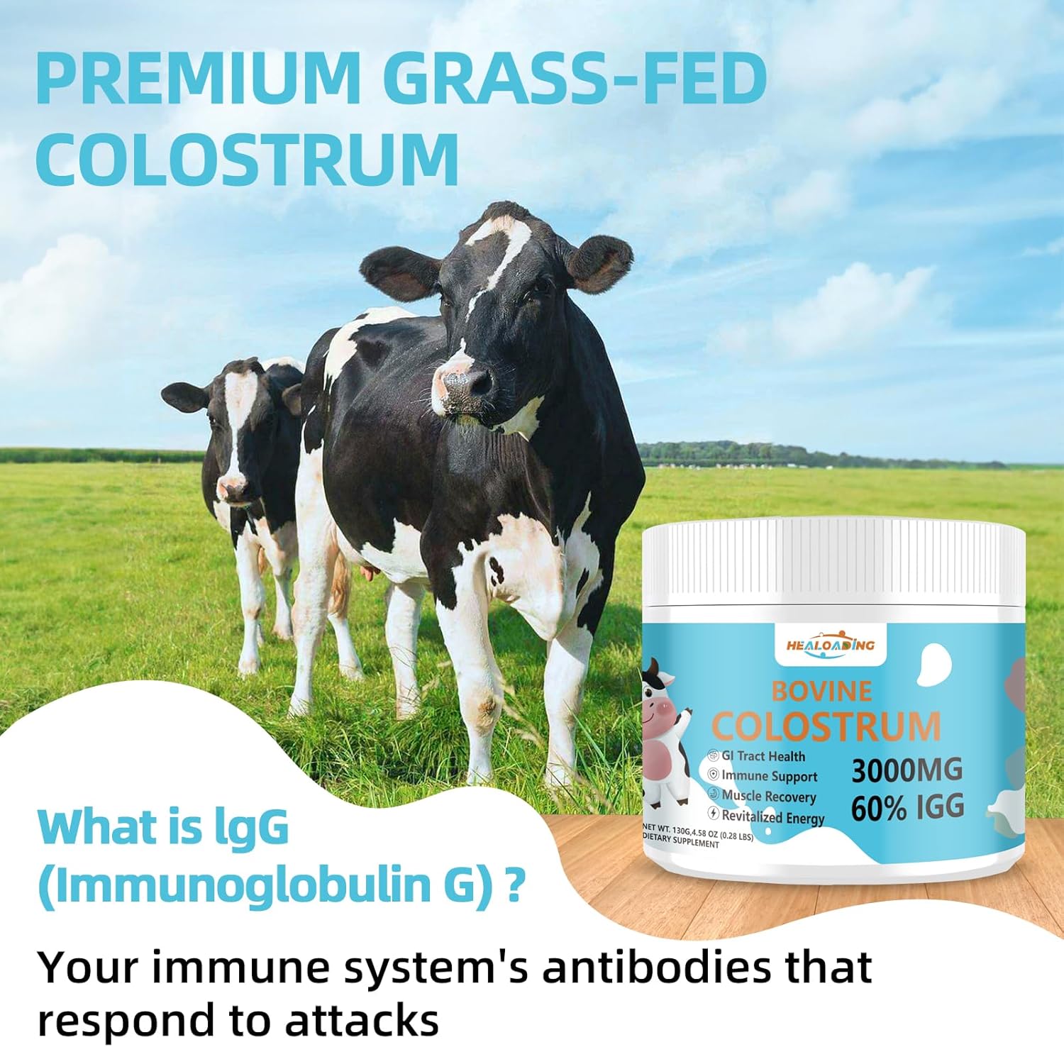 Pure Whole Bovine Colostrum Supplement Powder for Gut Health, Immune Support, Muscle Recovery, Skin & Wellness - 60% IgG - 3000 mg
