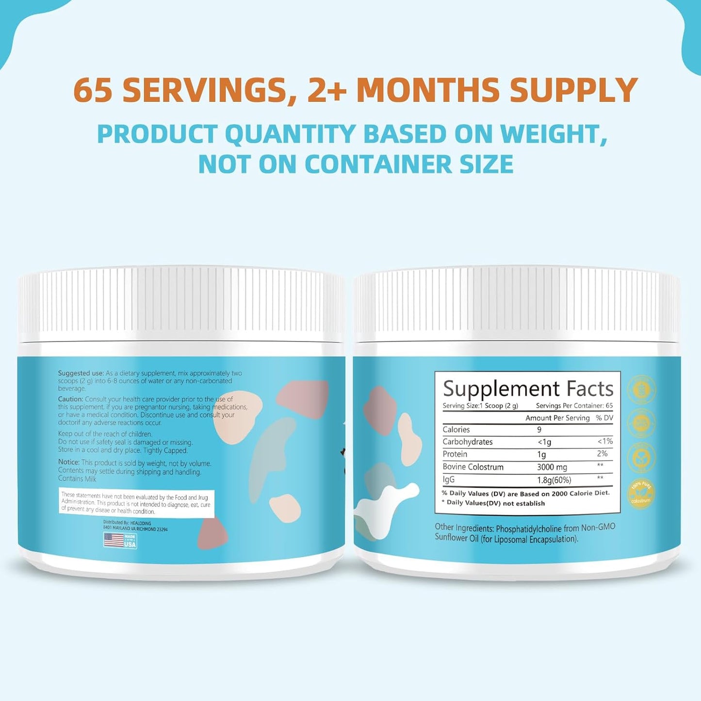 Pure Whole Bovine Colostrum Supplement Powder for Gut Health, Immune Support, Muscle Recovery, Skin & Wellness - 60% IgG - 3000 mg