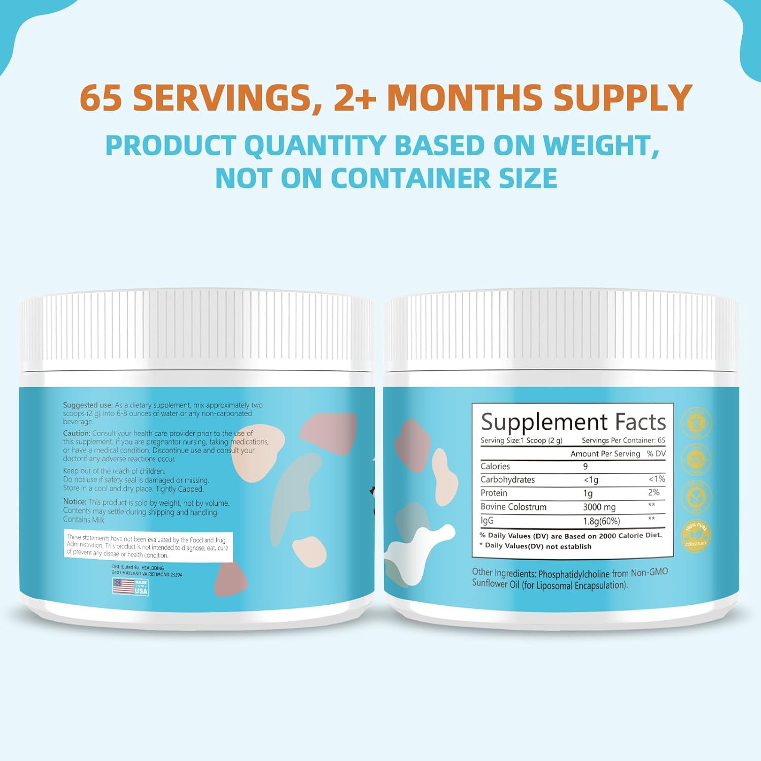 Pure Whole Bovine Colostrum Supplement Powder for Gut Health, Immune Support, Muscle Recovery, Skin & Wellness - 60% IgG - 3000 mg