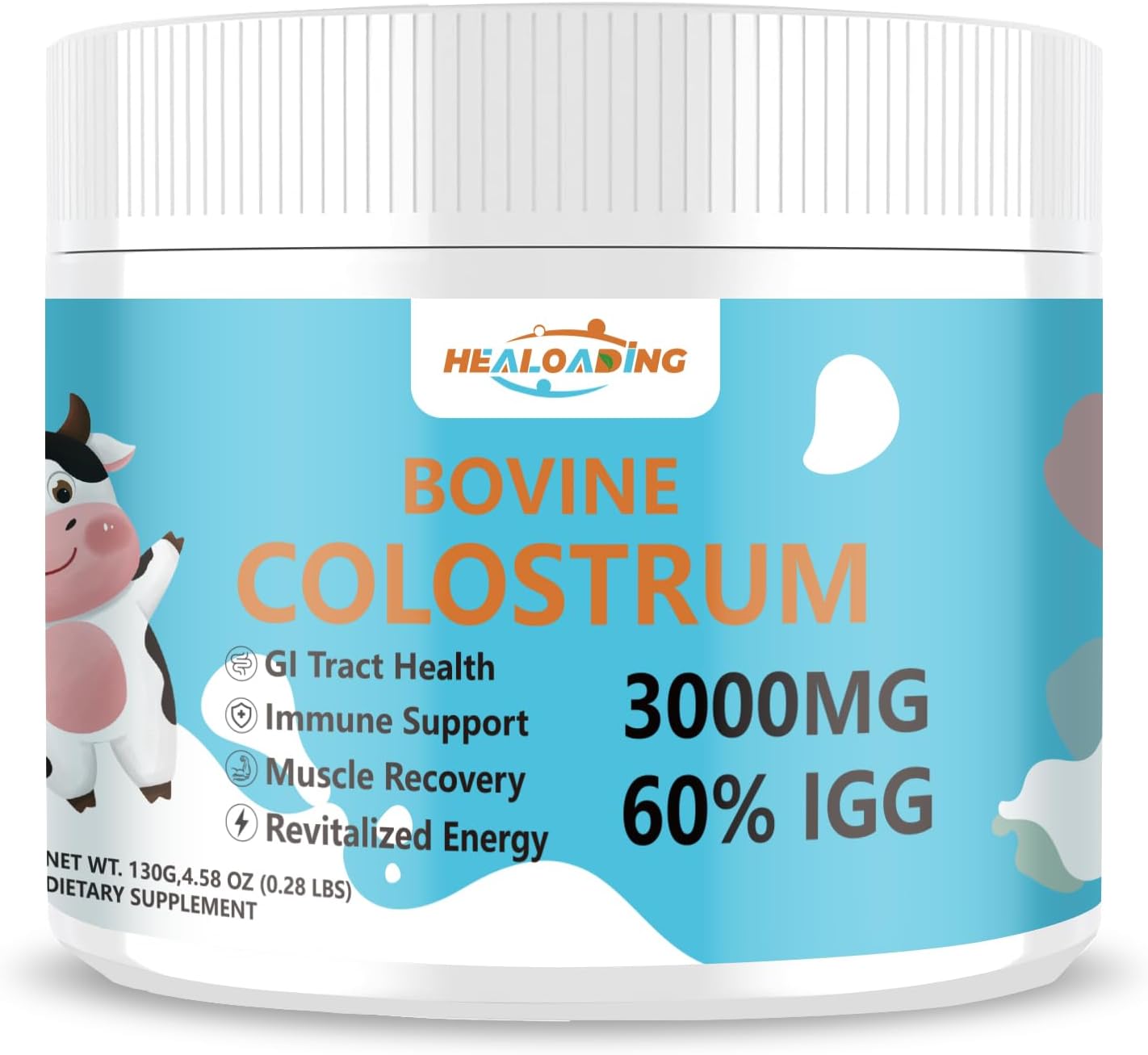 Pure Whole Bovine Colostrum Supplement Powder for Gut Health, Immune Support, Muscle Recovery, Skin & Wellness - 60% IgG - 3000 mg