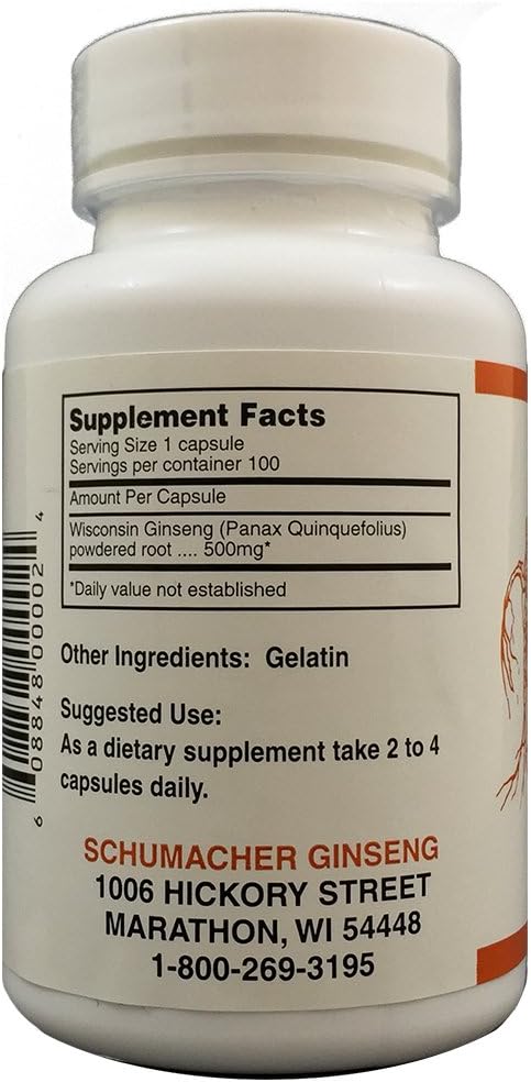 Pure Wisconsin Ginseng Capsules - 100 Capsules, 500mg - Schumacher Ginseng's Finest Ginseng Supplement