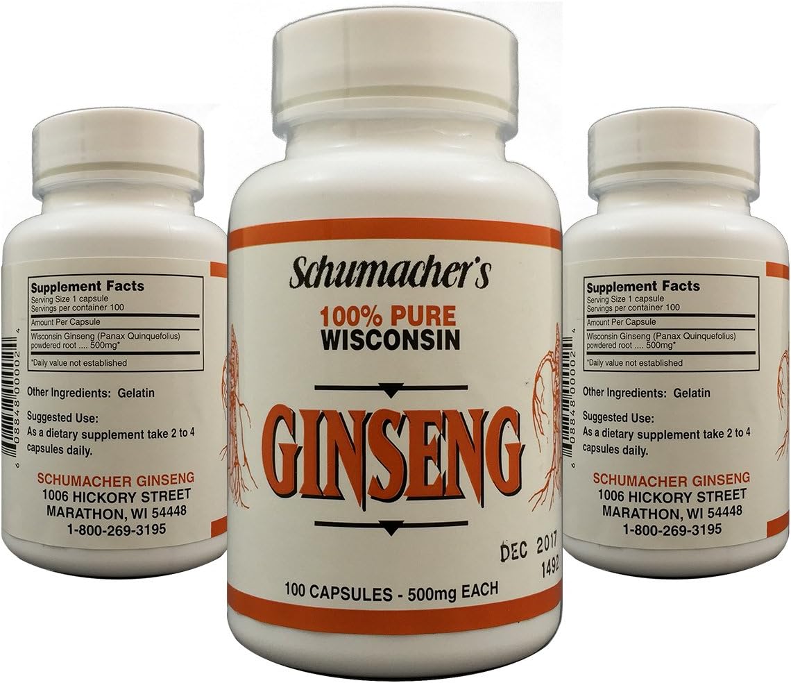 Pure Wisconsin Ginseng Capsules - 100 Capsules, 500mg - Schumacher Ginseng's Finest Ginseng Supplement