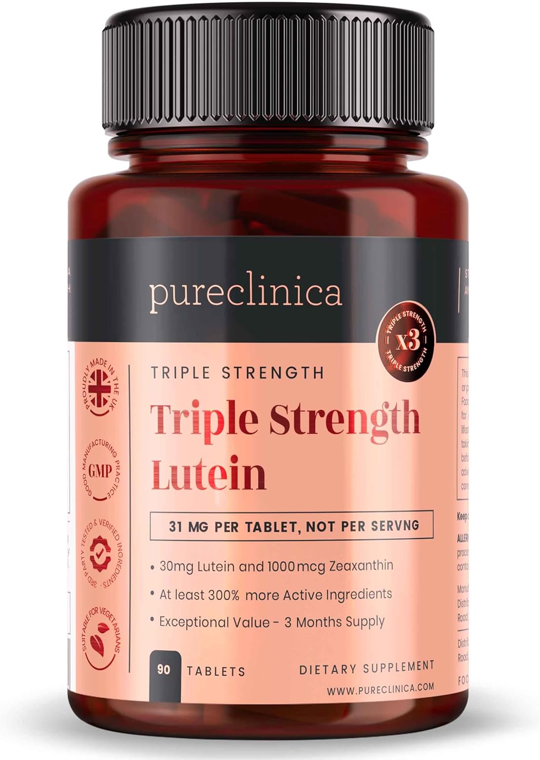 Pureclinica 3x Strength Lutein 30mg with 1000mcg Zeaxanthin - 90 Tablets (3 Months Supply)