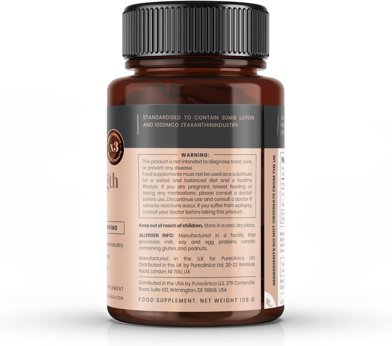 Pureclinica 3x Strength Lutein 30mg with 1000mcg Zeaxanthin - 90 Tablets (3 Months Supply)