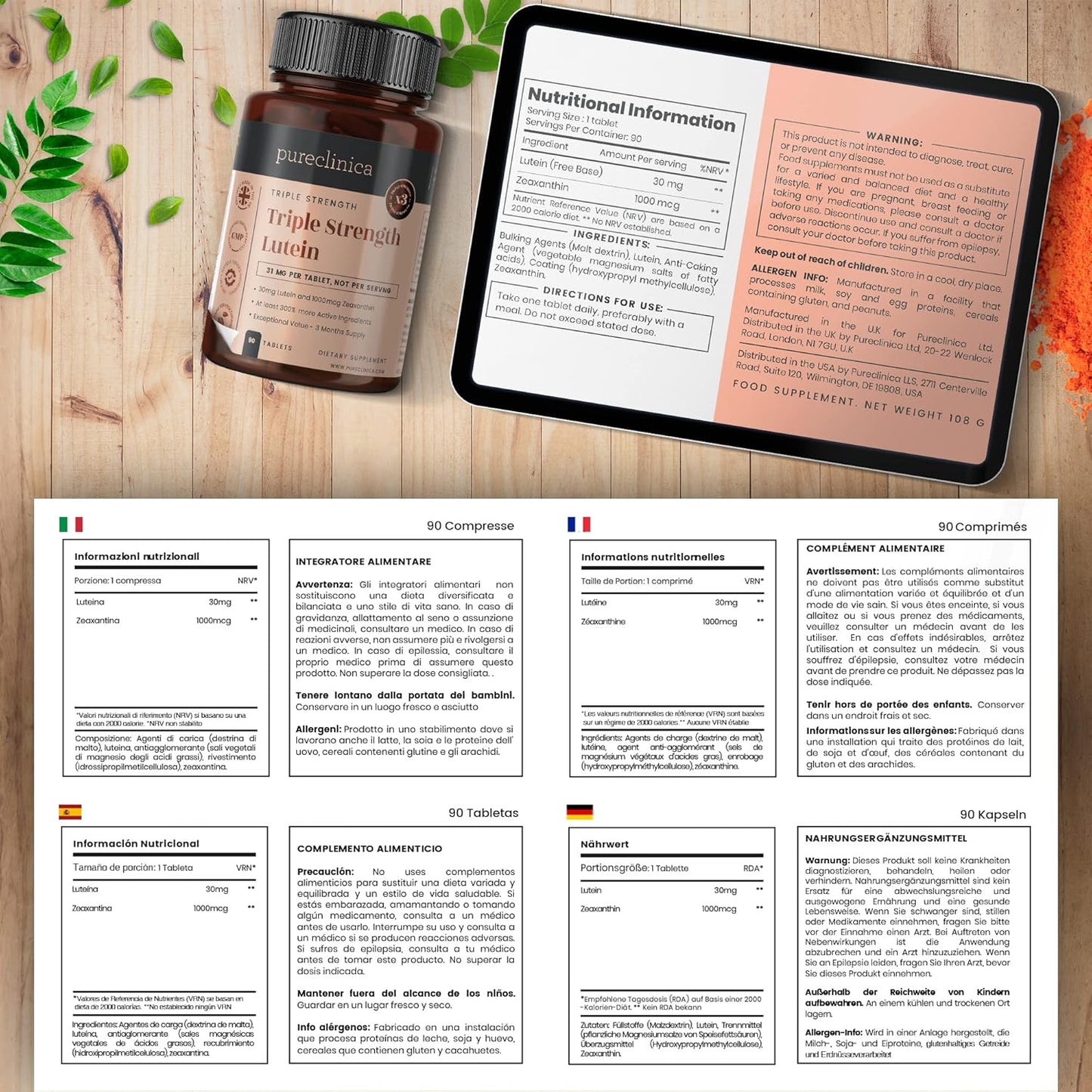 Pureclinica 3x Strength Lutein 30mg with 1000mcg Zeaxanthin - 90 Tablets (3 Months Supply)