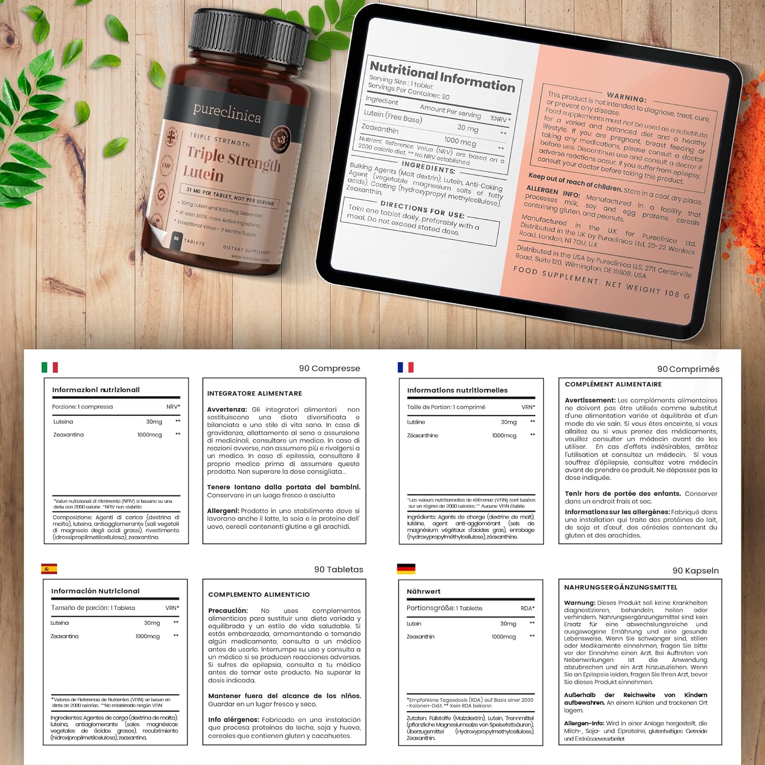 Pureclinica 3x Strength Lutein 30mg with 1000mcg Zeaxanthin - 90 Tablets (3 Months Supply)