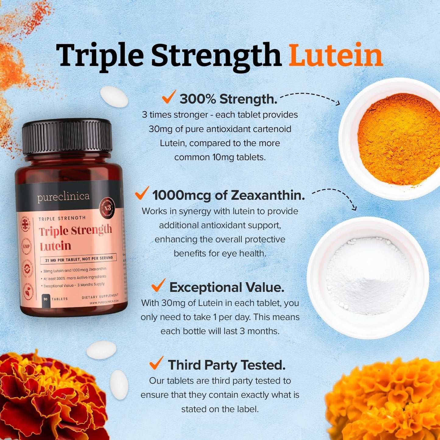 Pureclinica 3x Strength Lutein 30mg with 1000mcg Zeaxanthin - 90 Tablets (3 Months Supply)