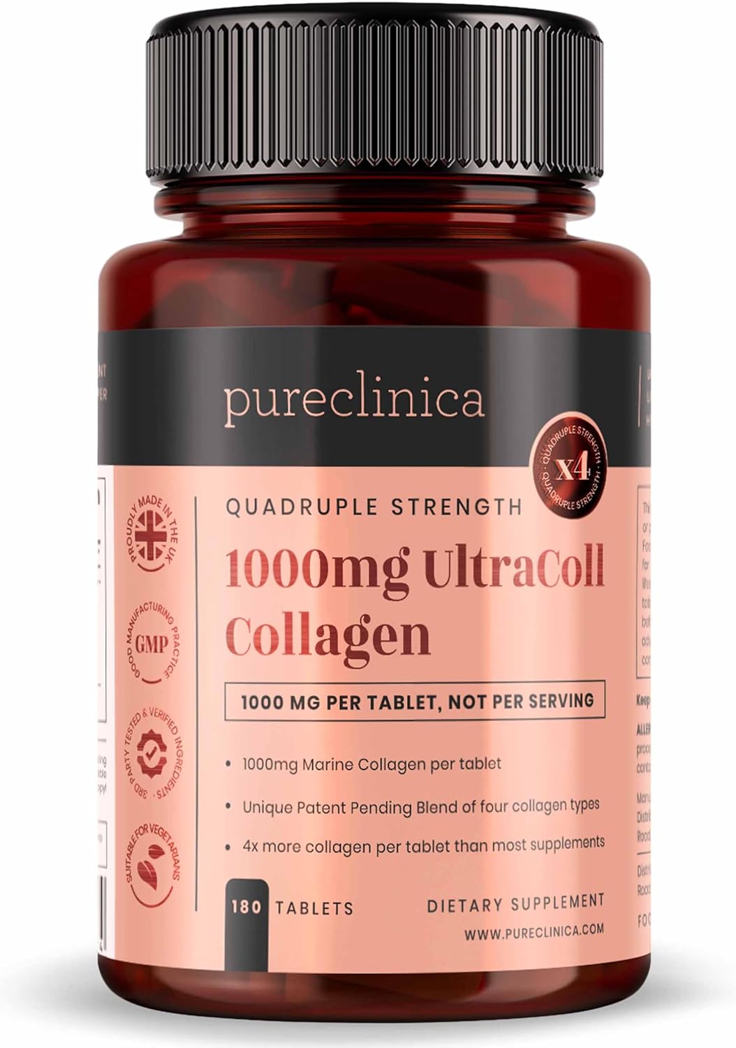 Pureclinica UltraColl Marine Collagen 1000mg x 180 Tablets - Anti-Aging Formula with Patented Collagen Types I, II, III, and VII for 6 Months Supply.