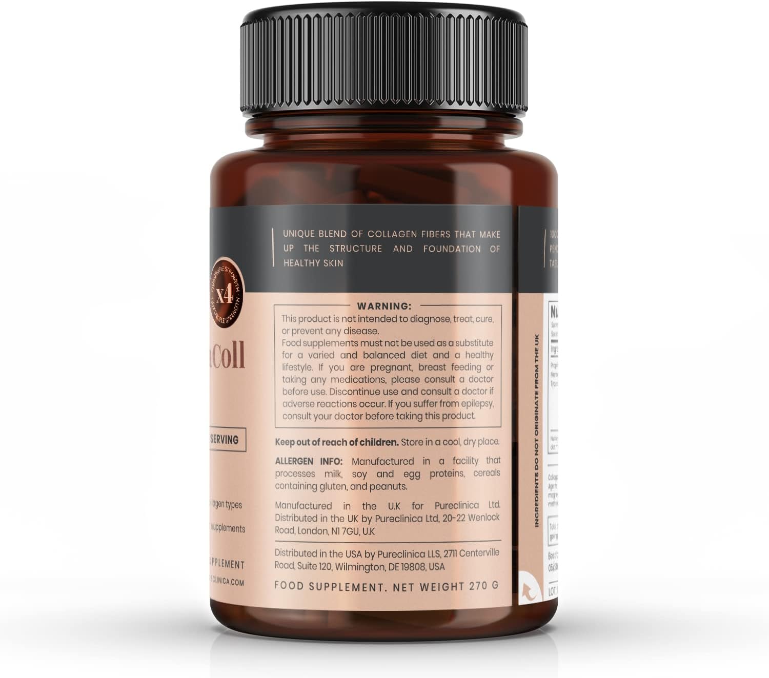 Pureclinica UltraColl Marine Collagen 1000mg x 180 Tablets - Anti-Aging Formula with Patented Collagen Types I, II, III, and VII for 6 Months Supply.
