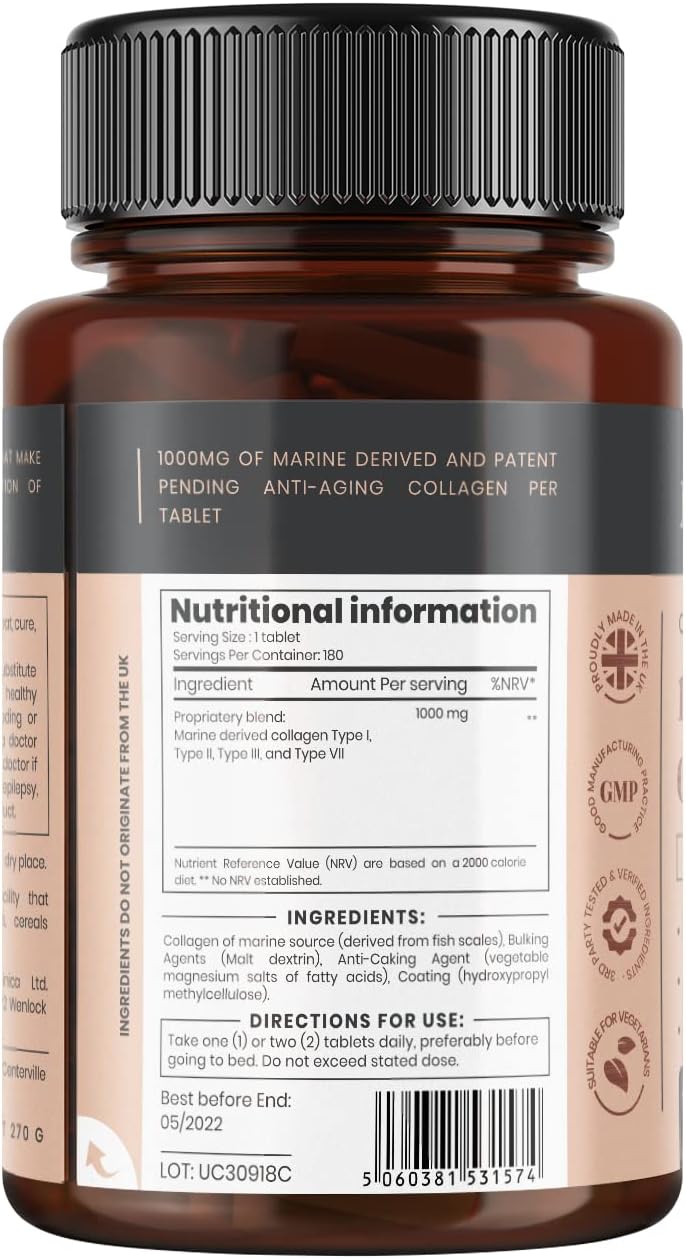 Pureclinica UltraColl Marine Collagen 1000mg x 180 Tablets - Anti-Aging Formula with Patented Collagen Types I, II, III, and VII for 6 Months Supply.