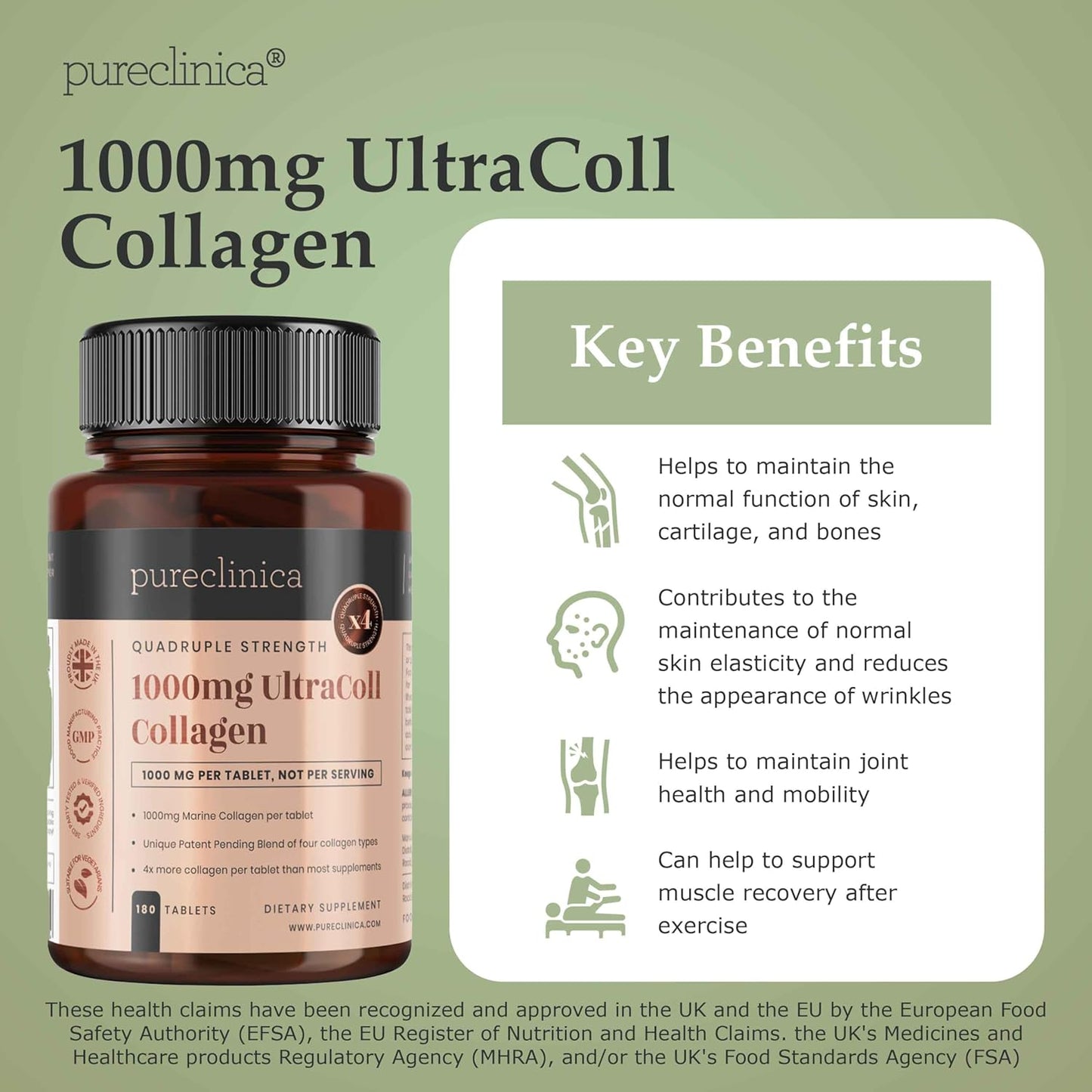 Pureclinica UltraColl Marine Collagen 1000mg x 180 Tablets - Anti-Aging Formula with Patented Collagen Types I, II, III, and VII for 6 Months Supply.