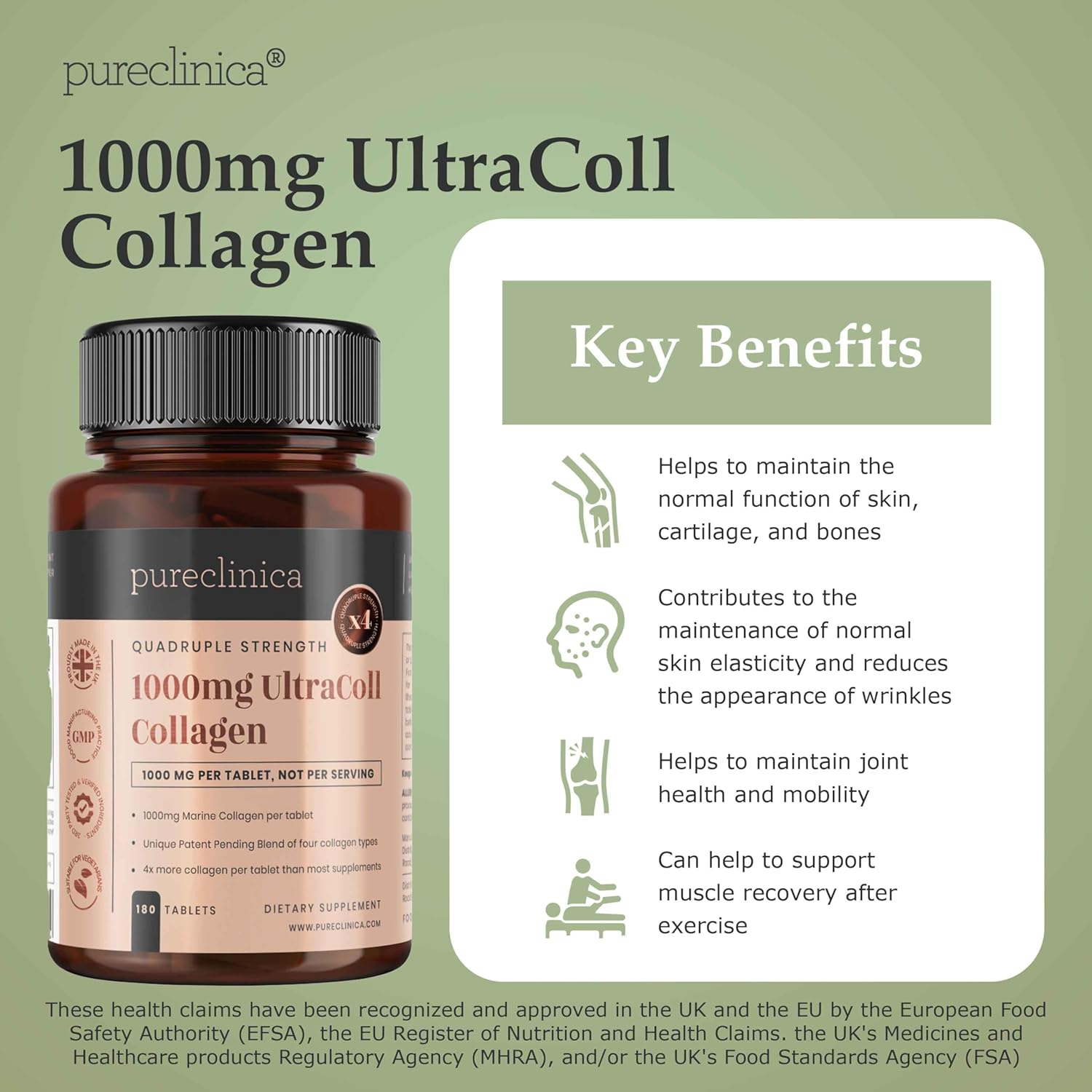 Pureclinica UltraColl Marine Collagen 1000mg x 180 Tablets - Anti-Aging Formula with Patented Collagen Types I, II, III, and VII for 6 Months Supply.
